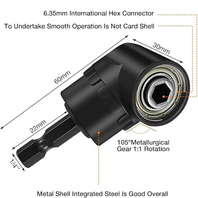 【Valentine's Day】6pcs Right-Angle Drill Bit Accessory Set, Including 3 360° Rotatable 1/4, 3/8, 1/2 Inch Impact Grade Socket Adapters, 2 105° Hex Shank Angle Drill Adapters And 90° Bevel Drill Bit, Tool Kit Heavy Duty