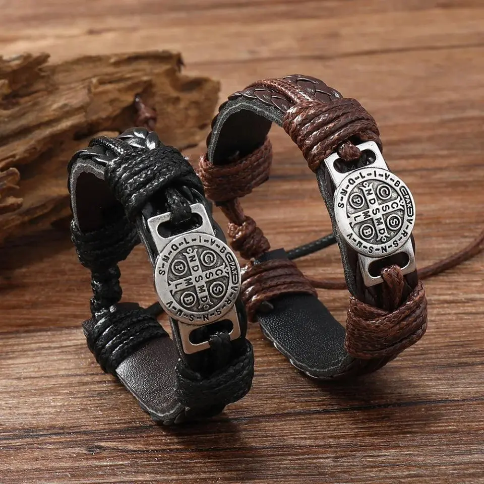 Unisex Vintage Handmade Braided Leather Bracelet - Mythical Cross Scripture, Retro Lace-Up Punk Fashion Accessory, Daily Wear Gift for Men