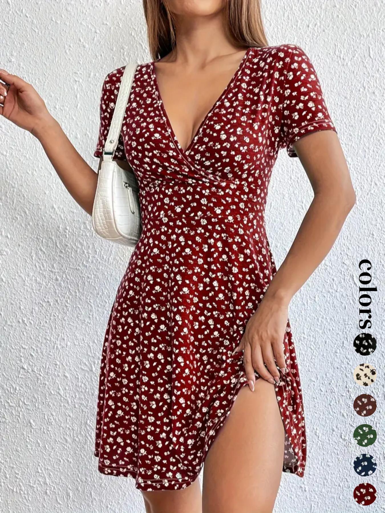 Women's Ditsy Floral Print V Neck Wrap A Line Dress, Boho Fashion Short Sleeve Short Dress for Daily Holiday Vacation Wear, Frenchy Style Ladies Dress for Summer