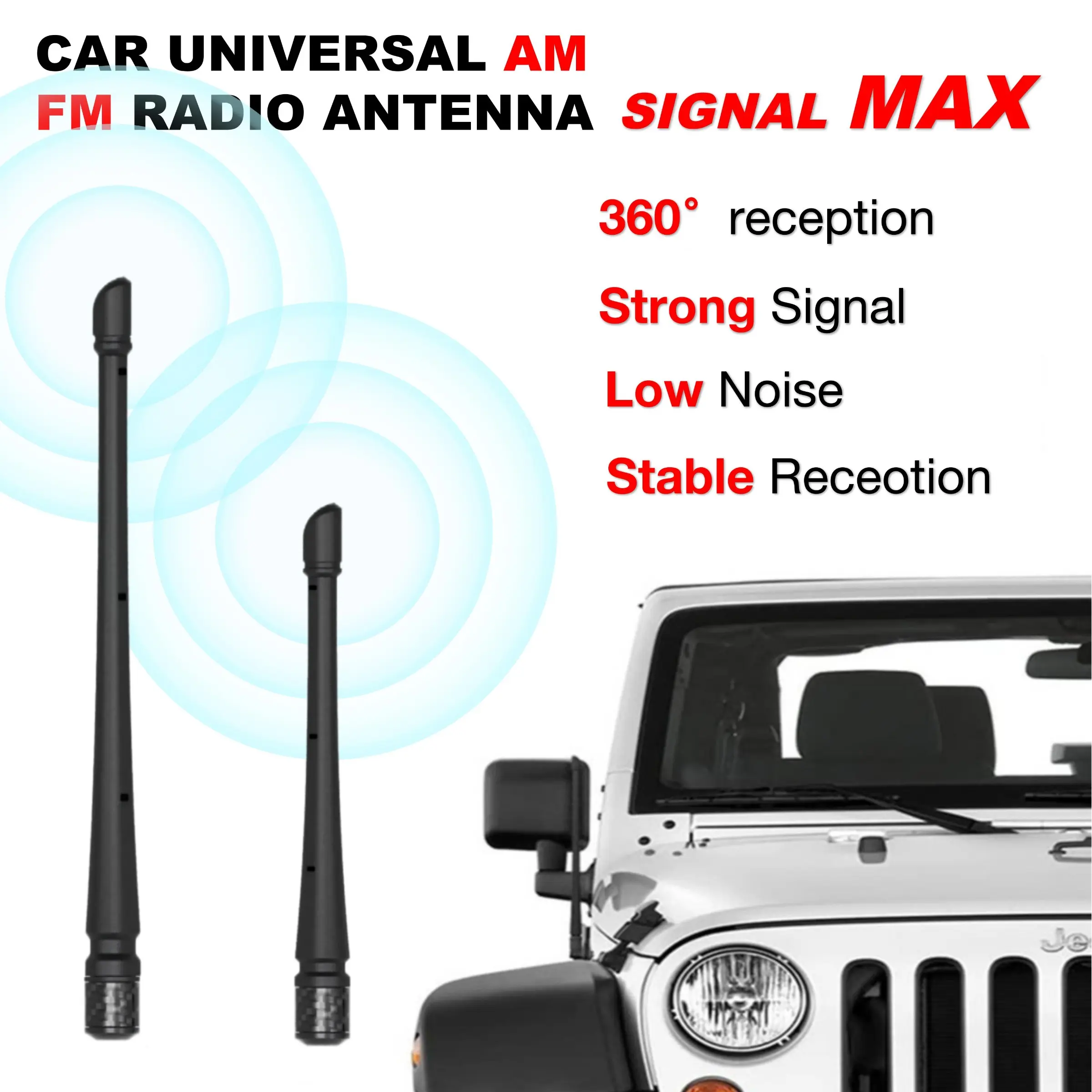 Universal Car Radio Antenna, Optimized Fm/am Reception, Compatible with Ford, Jeep, Chevrolet, No Drilling, Easy Installation