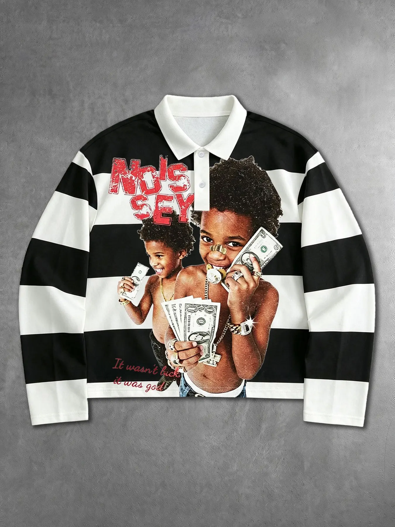 American Hip‑Hop Figure Print Striped Cropped Long‑Sleeve Polo,Vintage Black‑White Contrast Collared Streetwear Top