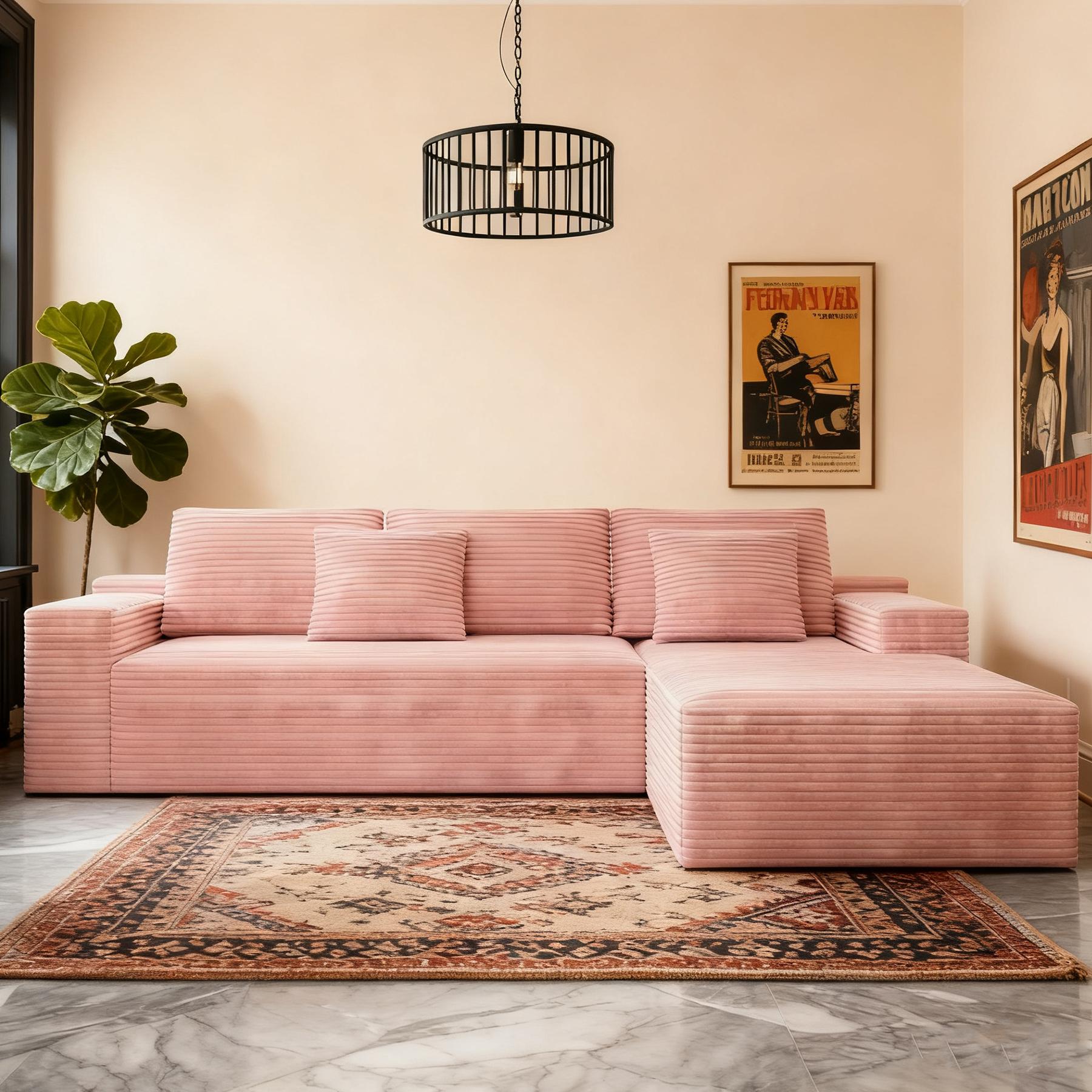 104" sofa living room Black Plush Corduroy Cloud VelvetModular Couches with Chaise, NoAssembly Required -L-ShapedSectional Sofa Set with FlexibleConfiguration boneless sectional furniture