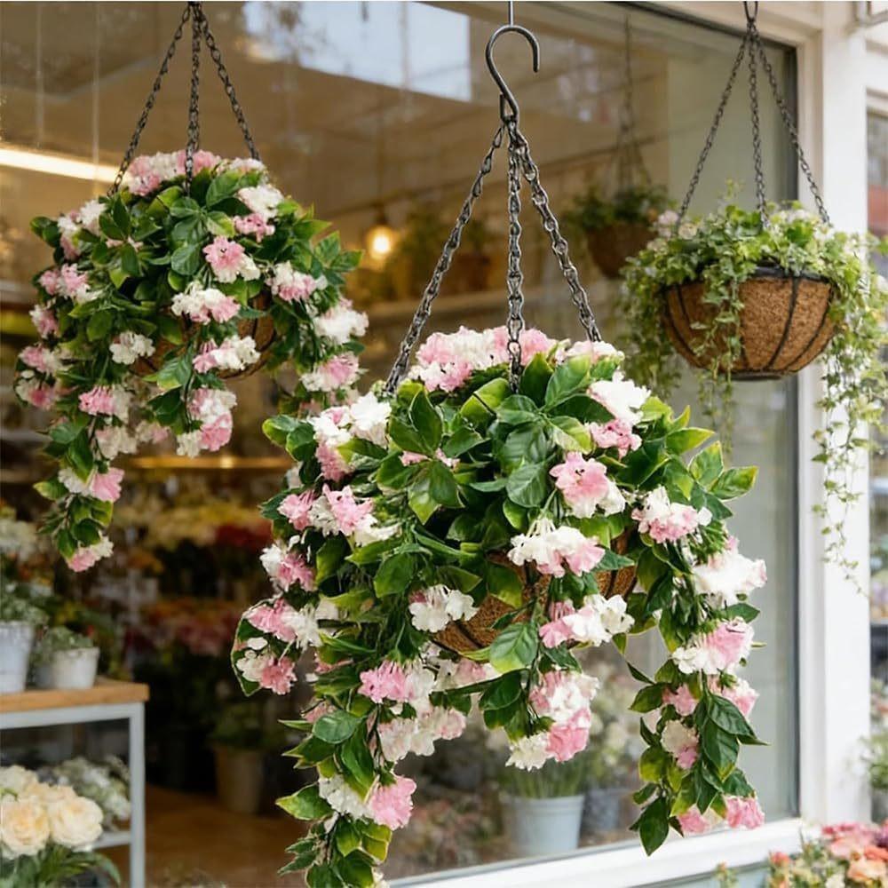 1pcs Artificial Hanging Flower Basket, Outdoor Balcony Garden Sunproof Durable No Maintenance Fake Plant Decorative Planter with Coir Pot
