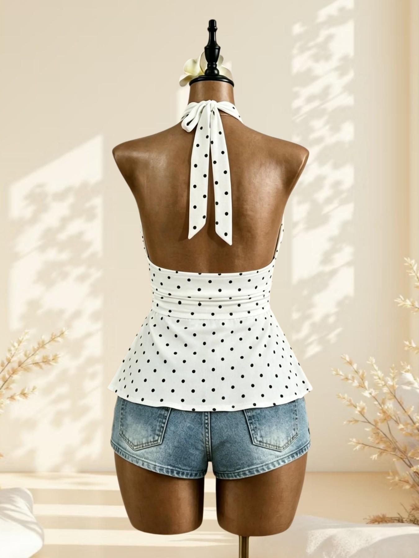 Vintage Sweet Cool Polka Dot Halter Sleeveless Top, Deep V Waist Slimming Ruffle Sexy Shirt, Two Pieces Set, Casual All Seasons Wear Fit