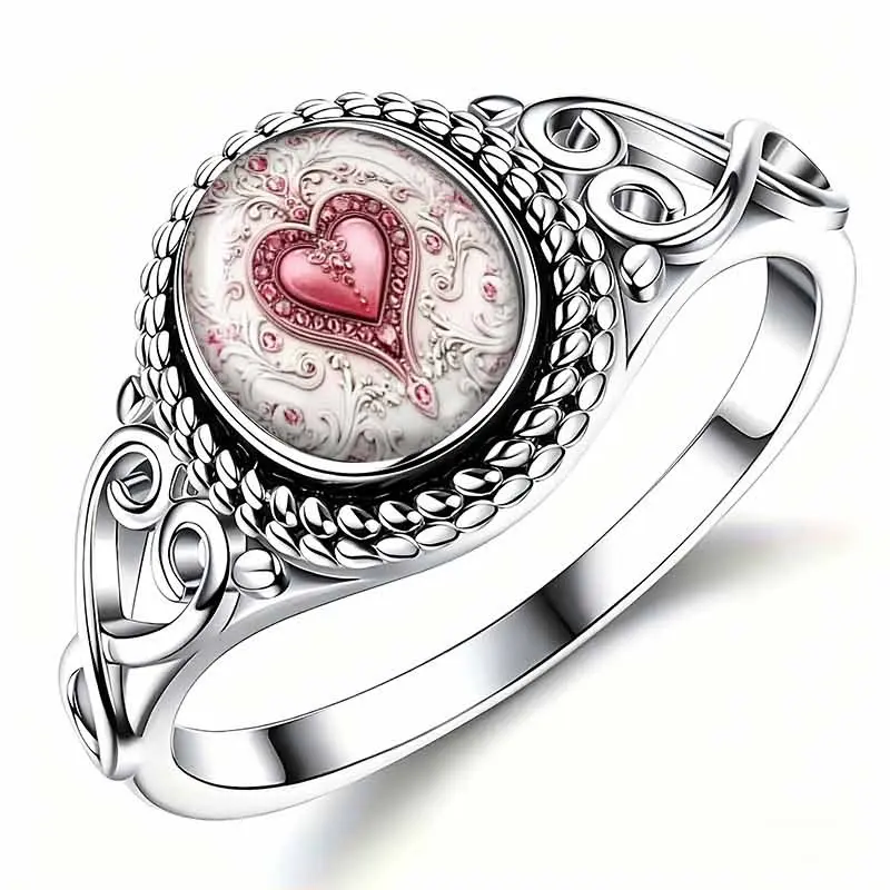 Vintage Pink Heart Cameo Statement Ring, Silver Filigree Adjustable Band, Romantic Ornate Portrait Finger Jewelry for Daily Wear, Wedding & Valentine Gift