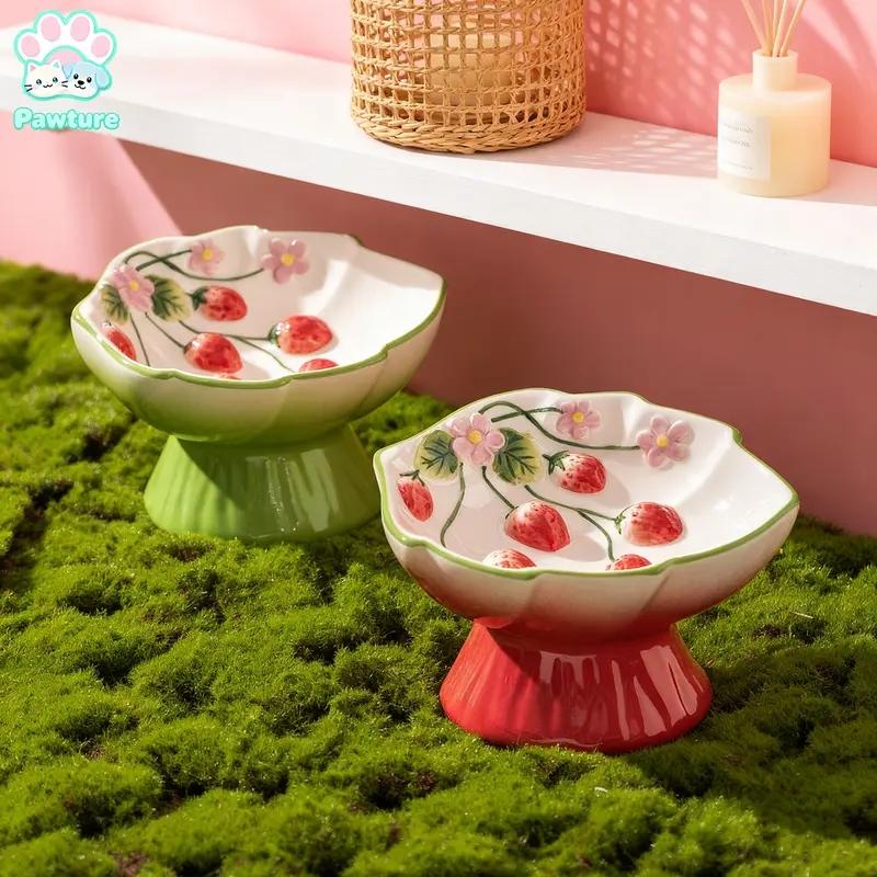 Ceramic Slow Feeder Cat Bowl, Elevated Pet Food Bowl for Cats & Small Dogs, Non-Slip Base, Strawberries Country-Style Design