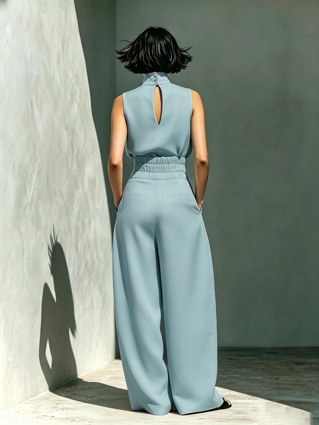 Women's Two-Piece Set, Clothes, High Waisted Sets, High Neck Sleeveless Top and High Waist Long Pants, Elegant Formal Office Wear Outfit