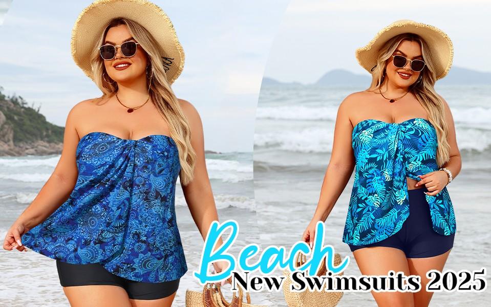 Daci Plus Size Bandeau Tankini Swimsuit for Women Two Piece Halter Swim Top with Shorts Flyaway Tummy Control Bathing Suits