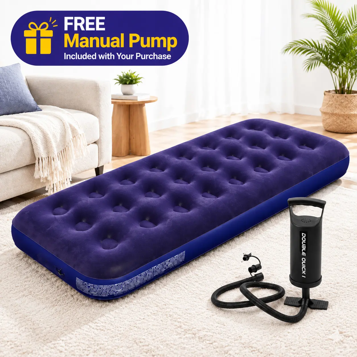 Plush Mattress for Comfortable Sleep, Ultra-Light Portable Inflatable Single Bed, 191x73x22cm, Includes Hand Pump