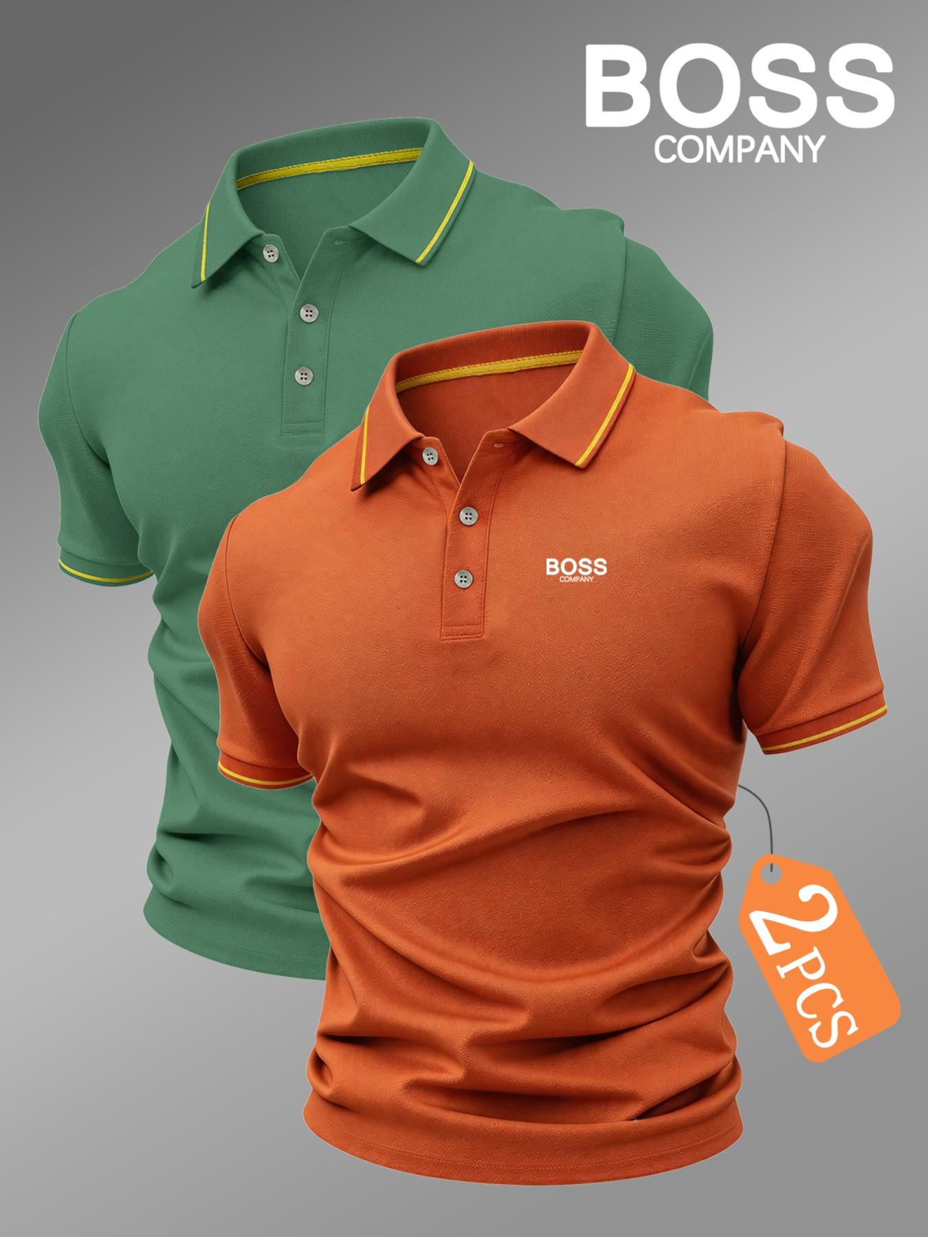 New Men's Golf Polo Shirt Set, Fashionable Boss Logo Print, Collared Stretch Casual Breathable All-Season Comfortable High-Quality Polo Casual Polo Shirts