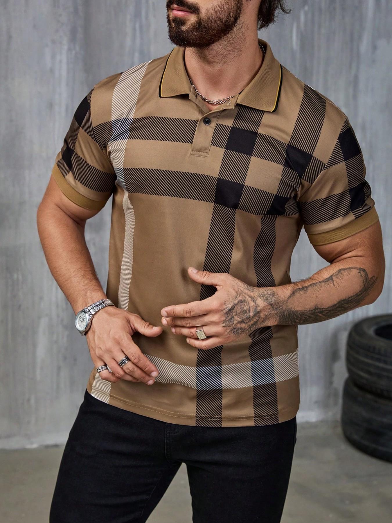 Vintage Plaid Polo Shirt Men Khaki Checkered Short Sleeve Tees Old Money Aesthetic Classic Casual Streetwear Muscle Fit Summer Daily Date Night Outfits