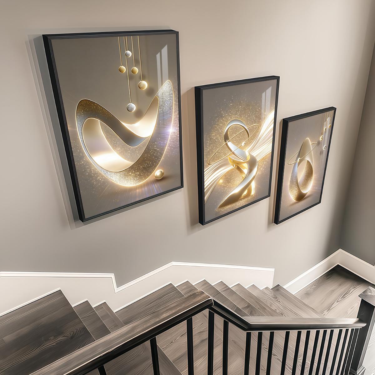 3 Counts Aluminum Alloy Framed Painting, Golden Abstract Sculpture Art Pictures, Home Decoration For Living Room, Bedroom, Office, Restaurant, Hallway Wall Decor, Odorless Print Artwork, Luxury Perfect Gift For Friends And Family