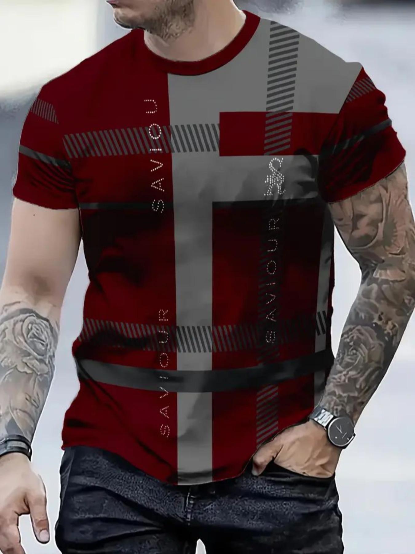 Men's Fashion Casual Streetwear Plaid T-Shirt, 100% Polyester, Round Neck, All Seasons Wear, Fitted Style