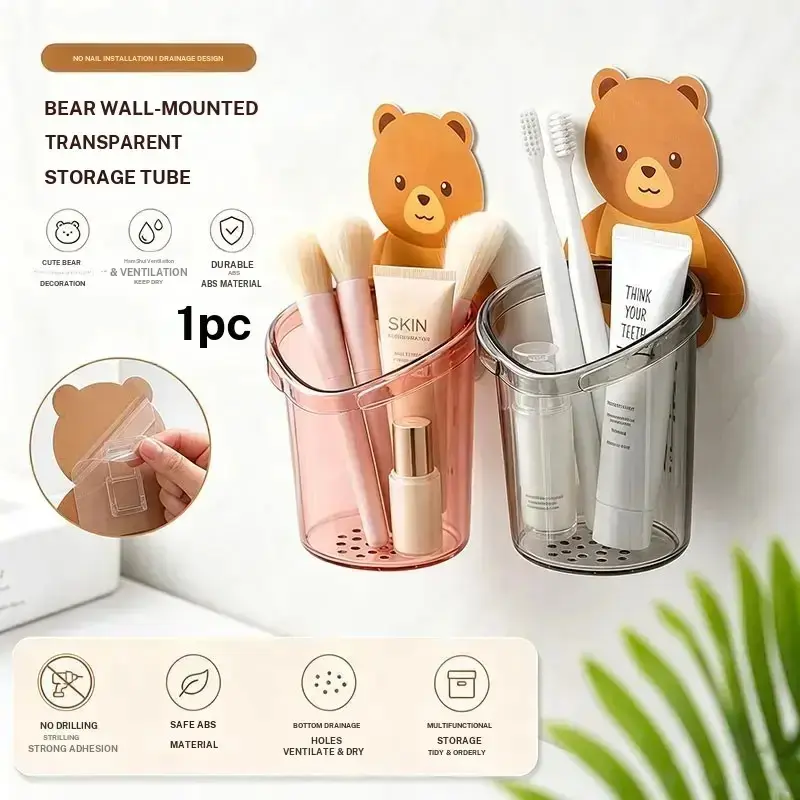 🐻 Toothbrush Holder Wall Mount | Bear Cup Holder Bathroom Organizer | Plastic Toothbrush Storage Cup for Kids Bathroom, Gray Pink Coffee | No-Drill Drainage Rack