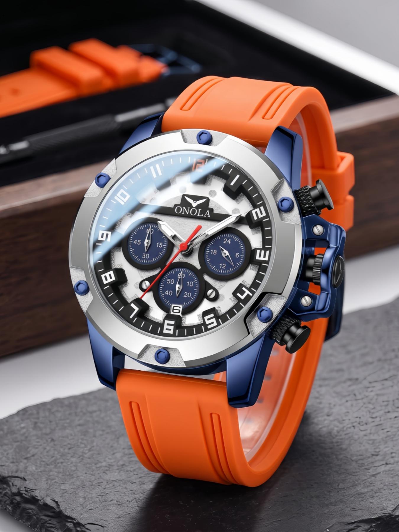 ONOLA Men Quartz Watch Round Triple Dial Chronograph Wrist Watches, Fashionable and Trendy Business Watch, Luminous Sports Watches, Metal Case with Silicone 30-Meter Water-Resistant Watch, Outdoor Casual Men's Watch, Perfect for Holiday Gifts