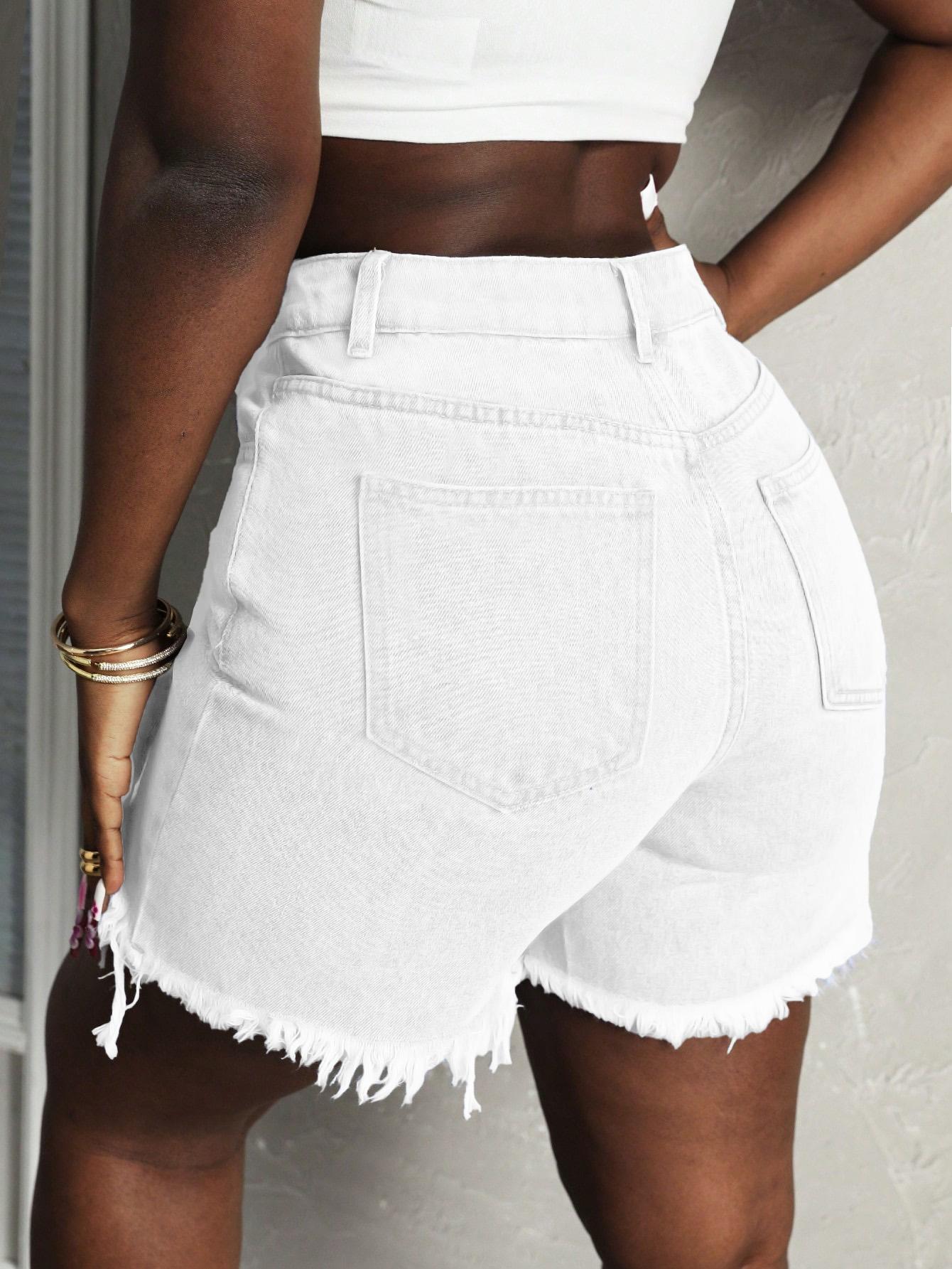 USBoutique Chic Jean Shorts for Women High Waisted Stretchy Casual Denim Shorts Ripped Frayed Hem Summer Trendy Jorts Basic Minimalist Bottoms - Womenswear
