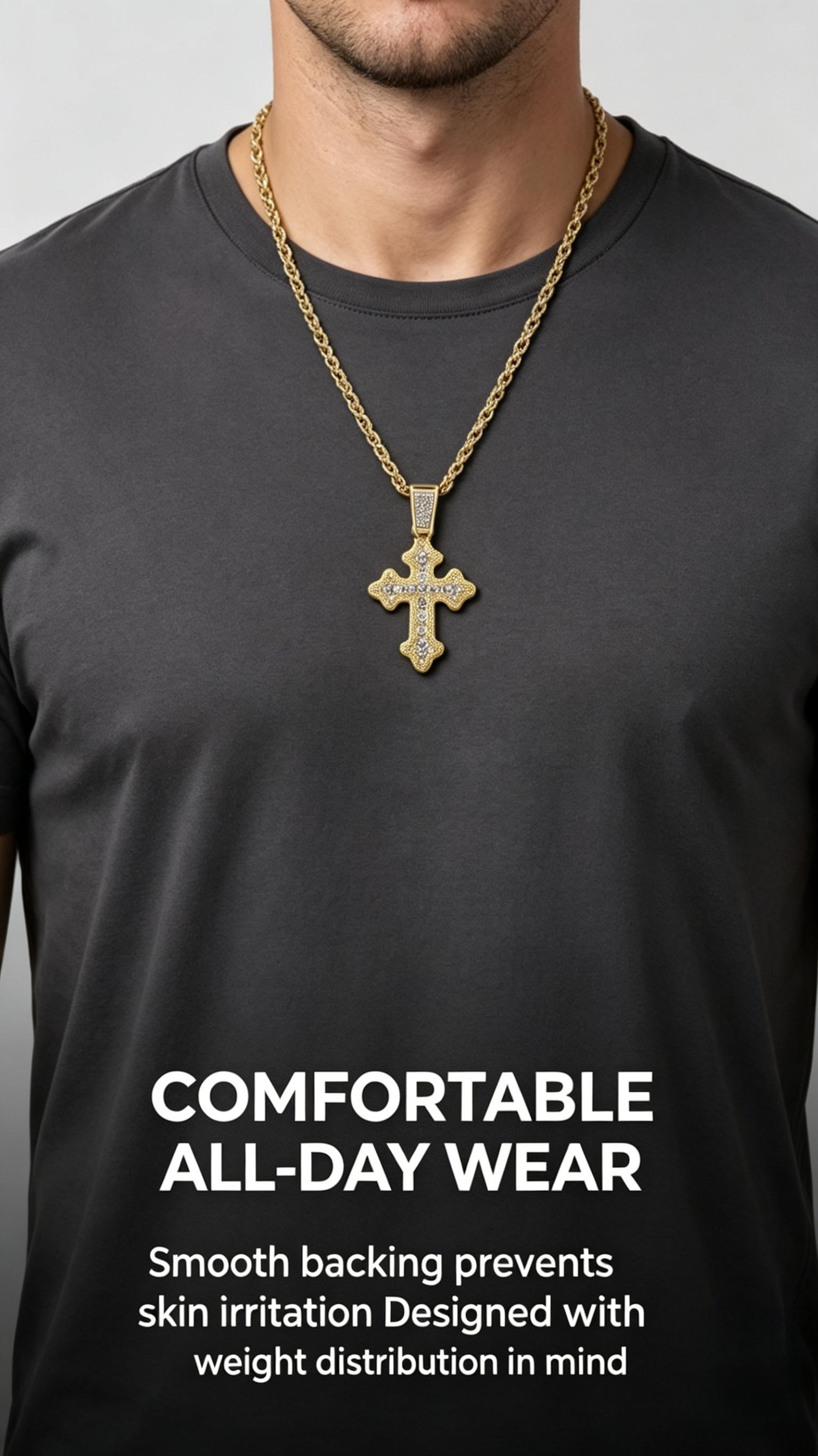 24" Iced Cross Necklace for Men, Hypoallergenic Alloy with Tarnish-Resistant Finish