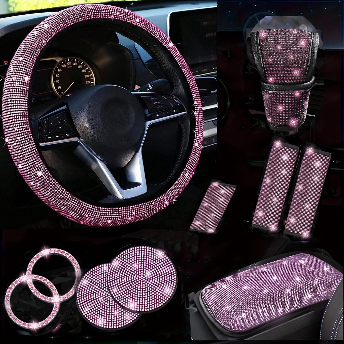10-Piece Car Interior Set, Bling Car Accessories, Diamond Steering Wheel Covers, Sparkling Rhinestone Seat Belt Clips, Gear Shift Cover, Cup Mat, Fits Most Cars
