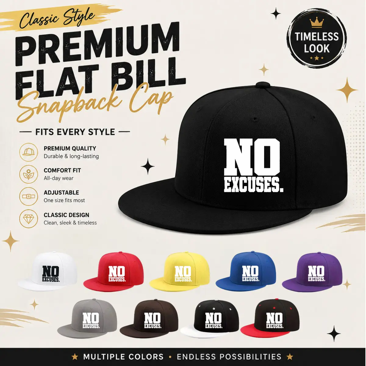 Street printed flat brimmed baseball cap with the words' no excuses', available in multiple colors, adjustable back button, unisex, suitable for various scenes