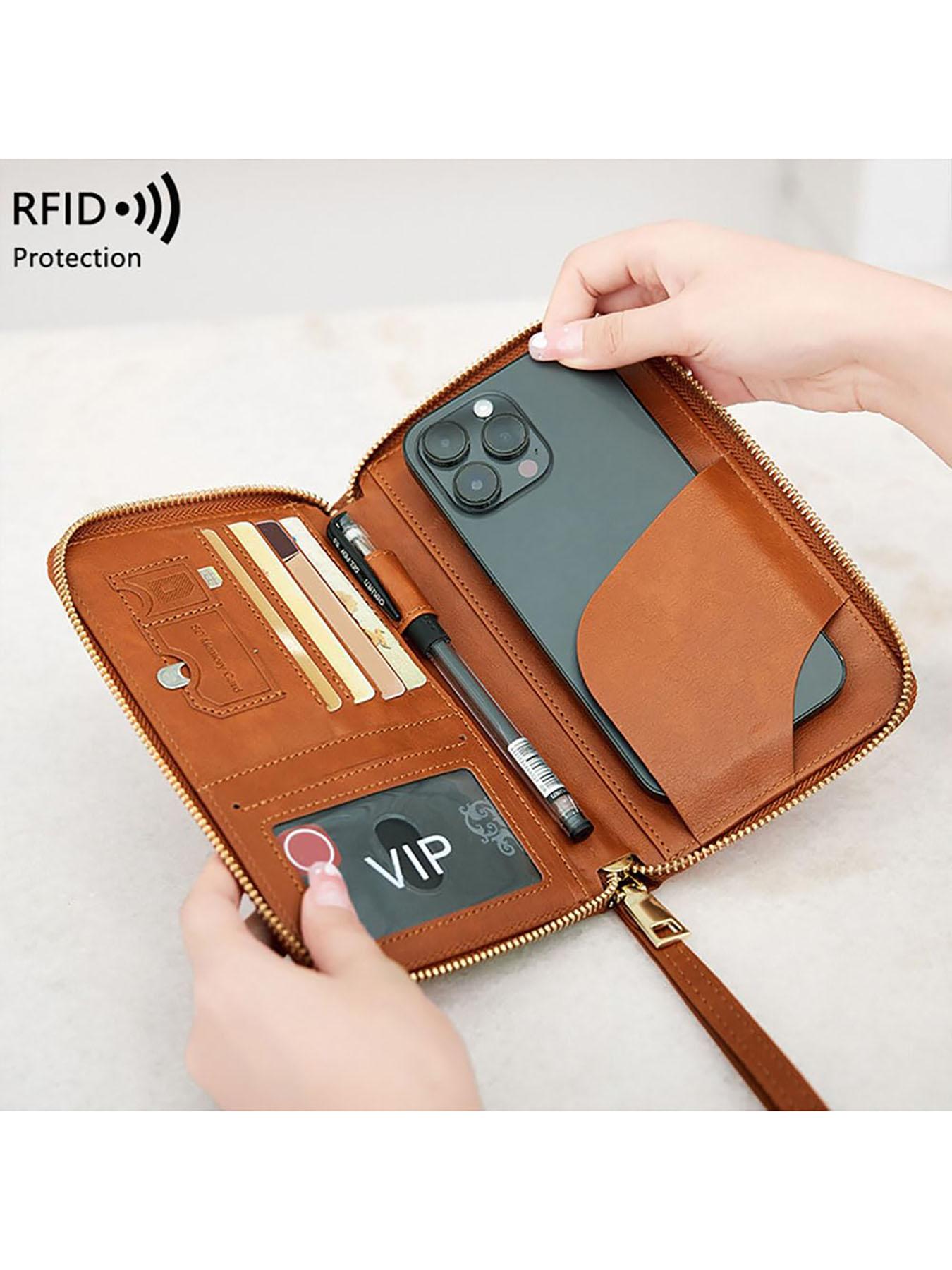 Portable Zippered Phone Wallet Clutch, Leather Wristlet with Phone Pocket & Card Slots, Travel-Friendly All-in-One Bag for Vacation, Shopping & Weekend Getaways