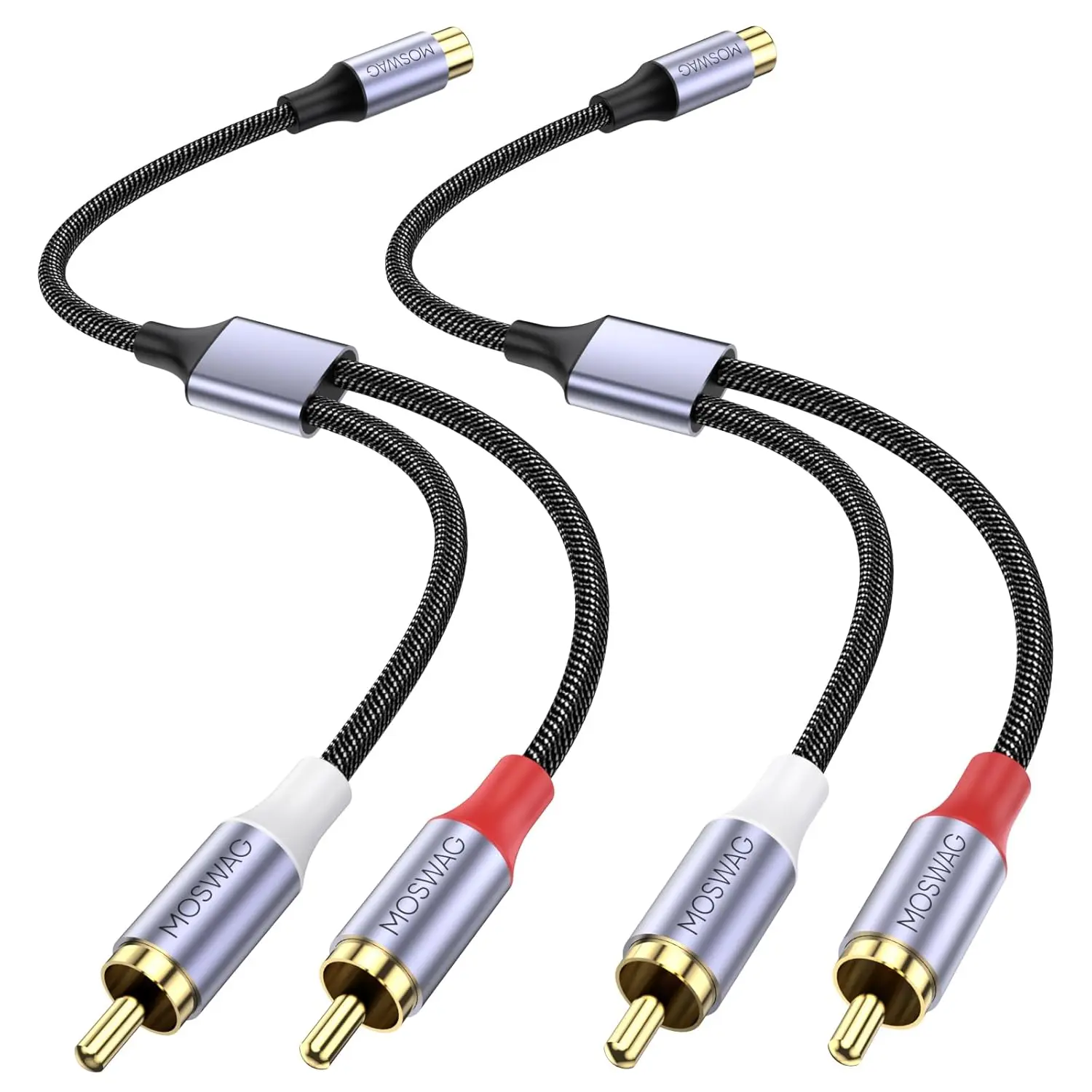 1 Female to 2 Male RCA Audio Video Cable Splitter Adapter 2-Pack, Nylon Braid Copper Wire Y Splitter, Audio Accessories for TV, Amps, Home Theater Systems