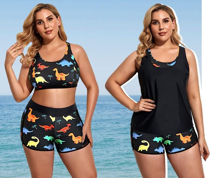 Holipick Women Plus Size Three Piece Tankini Swimsuits Tummy Control Bathing Suits with Boy Shorts Tank Top with Sports Bra