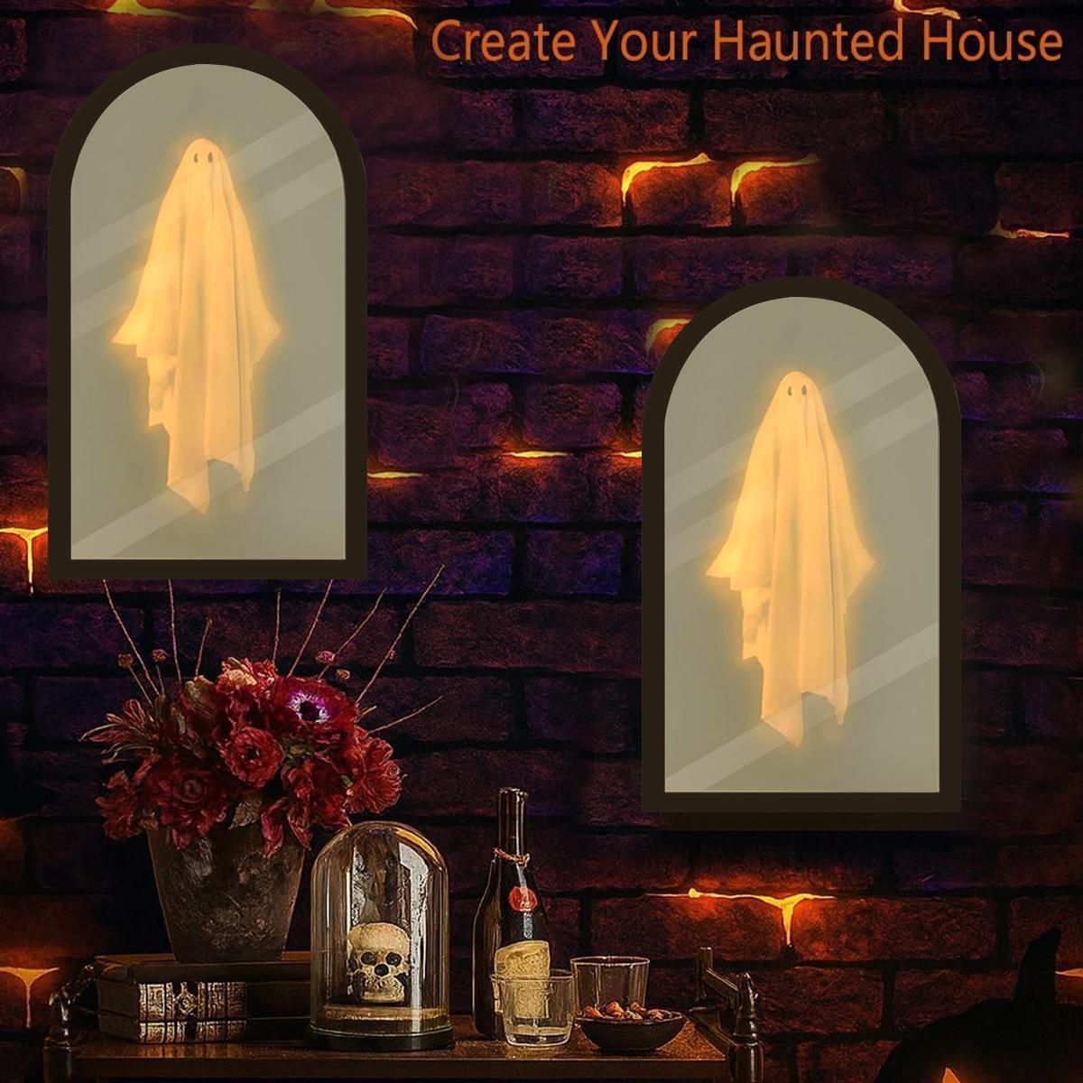 Ghost Mirror Halloween Decor – LED Holographic Ghost Illusion Mirror, 2-in-1 Daytime Mirror Nighttime Ghost, Spooky Tabletop Decoration for Mantel Shelf Party, Creepy Cute Gift for Kids Adults