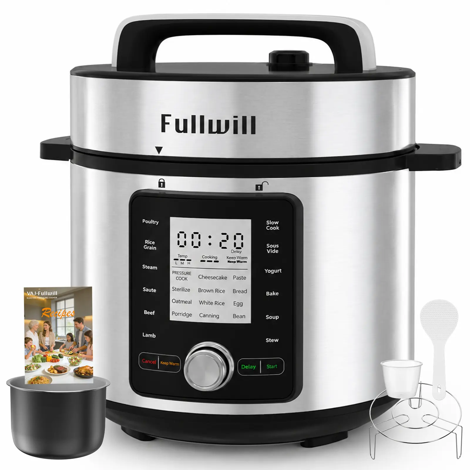 Fullwill 8QT Electric Pressure Cooker,12-in-1 Multi Cooker,1200W 24 Cooking Presets,Canner,Sear, Sauté, Slow Cook, Steam, Sous Vide & Yogurt,LED Display,Nonstick,Dishwasher-safe Parts