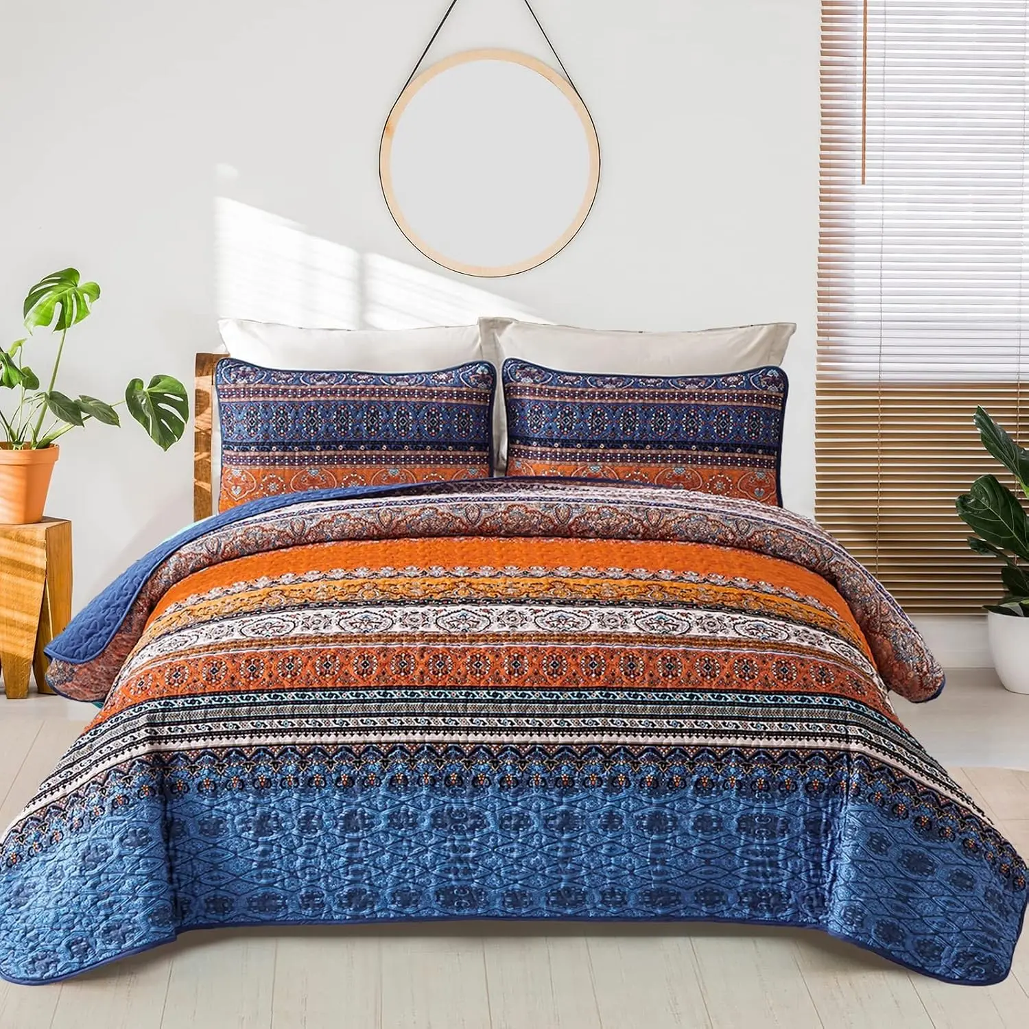 Boho Fall Quilt King Size, Blue and Orange Bohemian King Quilt, Lightweight Microfiber Bed Decor Bedspread for All Season 103"x90"(3 Pieces)