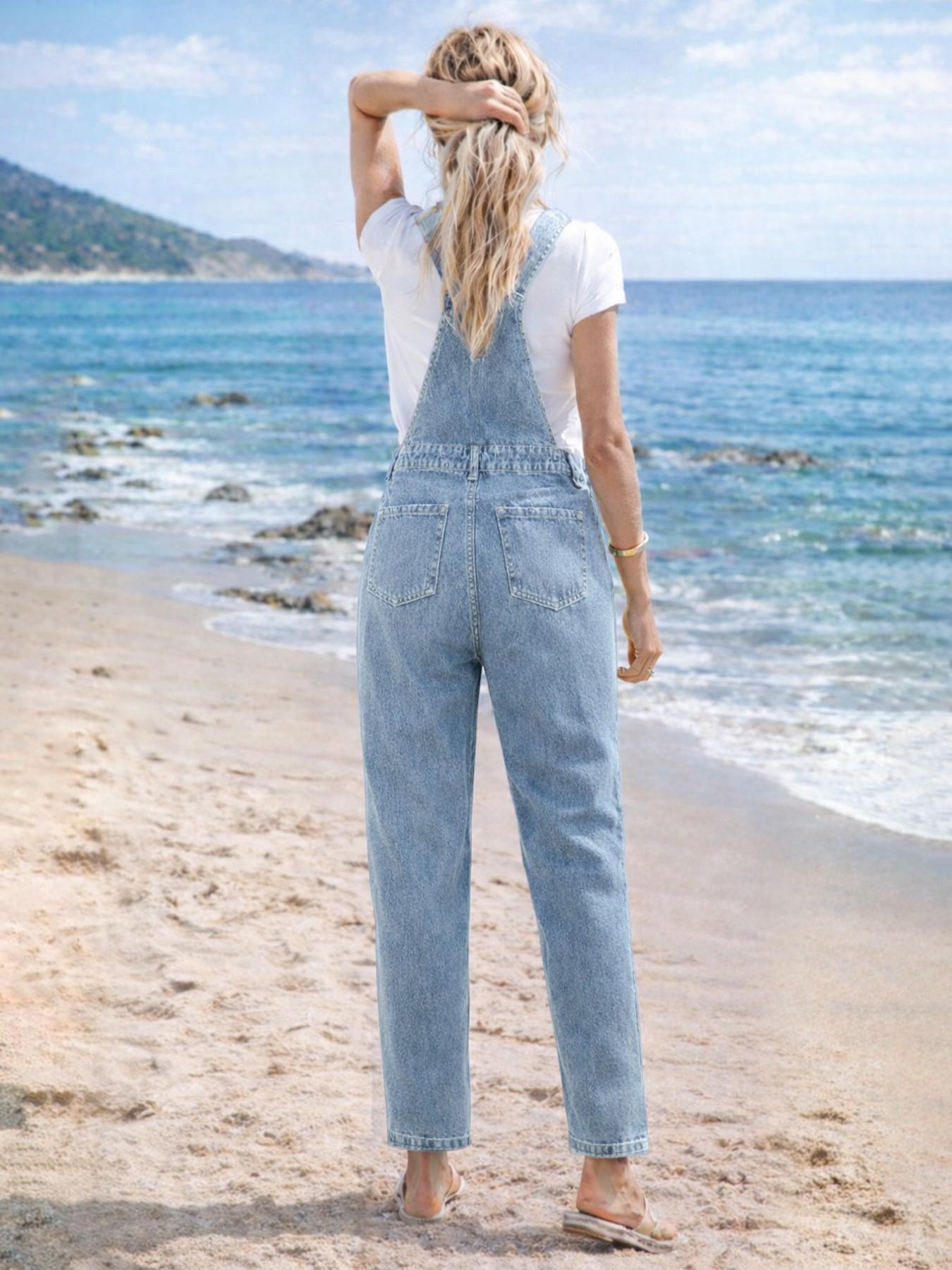 Summer New Denim Overalls Pure Color Washed Blue Loose Fit No Elastic Women's Jeans Bib Pants Casual Daily Wear Versatile Womenswear