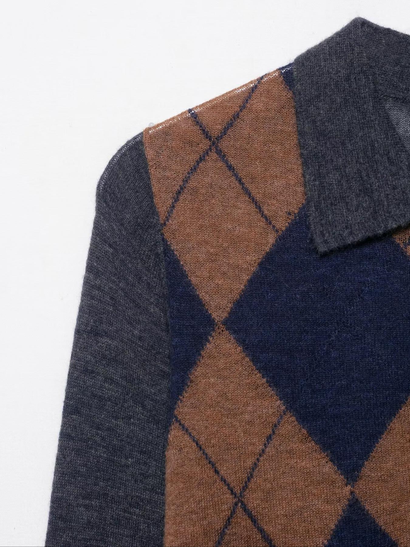 Women's Diamond Plaid Button Front Long Sleeve Knit Sweater, Slim Fit Pullover, Stylish Fall & Winter Fashion, Comfortable and Warm, Knitwear, Knitted