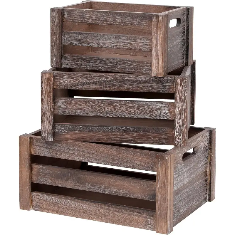 Large vintage brown wooden crate set, consisting of 3 pieces. Handcrafted rustic-style storage or display wooden boxes, sturdy wooden decorative crates