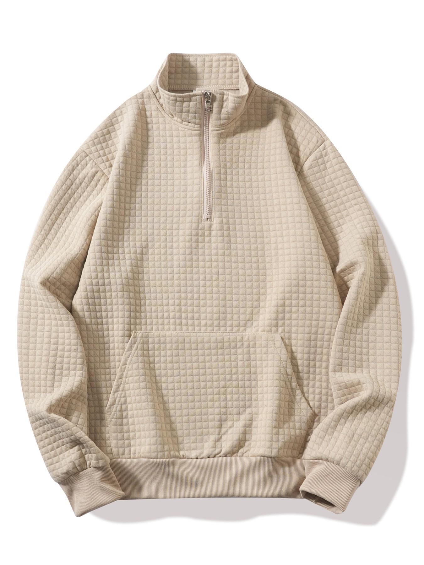 Men's Quilted Quarter Zip Sweatshirt, Waffle Grid Texture Pullover with Stand Collar & Kangaroo Pocket, Casual Loose Fit Top for Streetwear, Daily Wear and Fall Winter