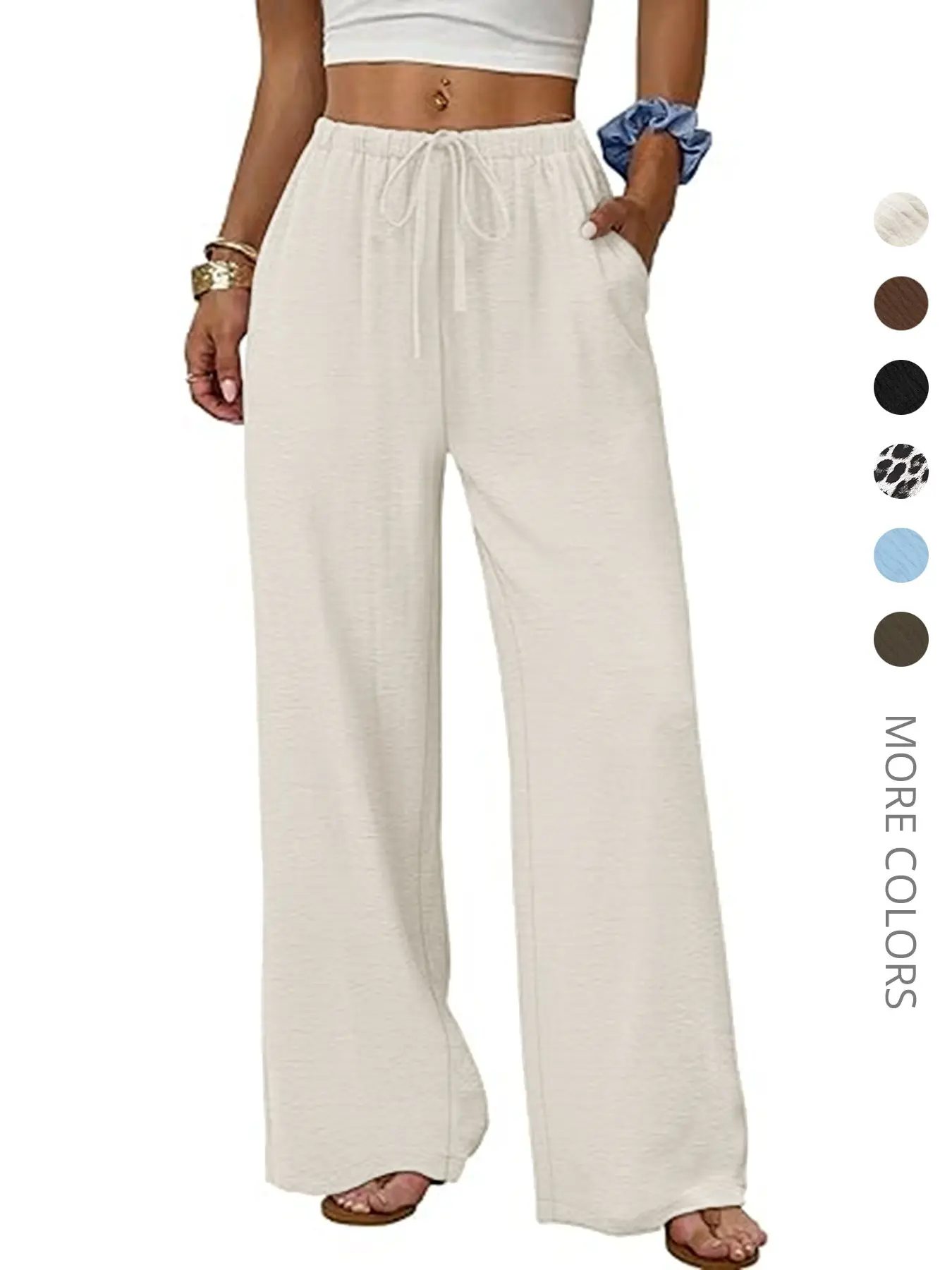 Wide Leg Pants Women Flowy Palazzo Drawstring Elastic Waist Trousers Lounge Pants with Pockets Loose Flowing Trousers