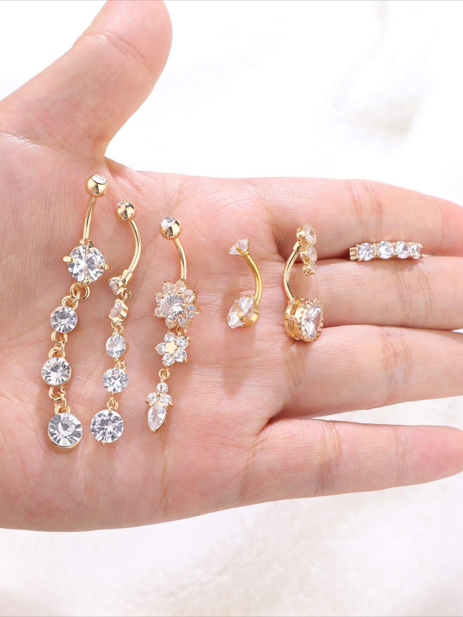6 Pcs Golden Sparkling Belly Button Ring Set for Women Men Hypoallergenic Stainless Steel Reverse Navel Piercings with CZ Dangle Design Perfect for Summer Beach Rave Daily Wear