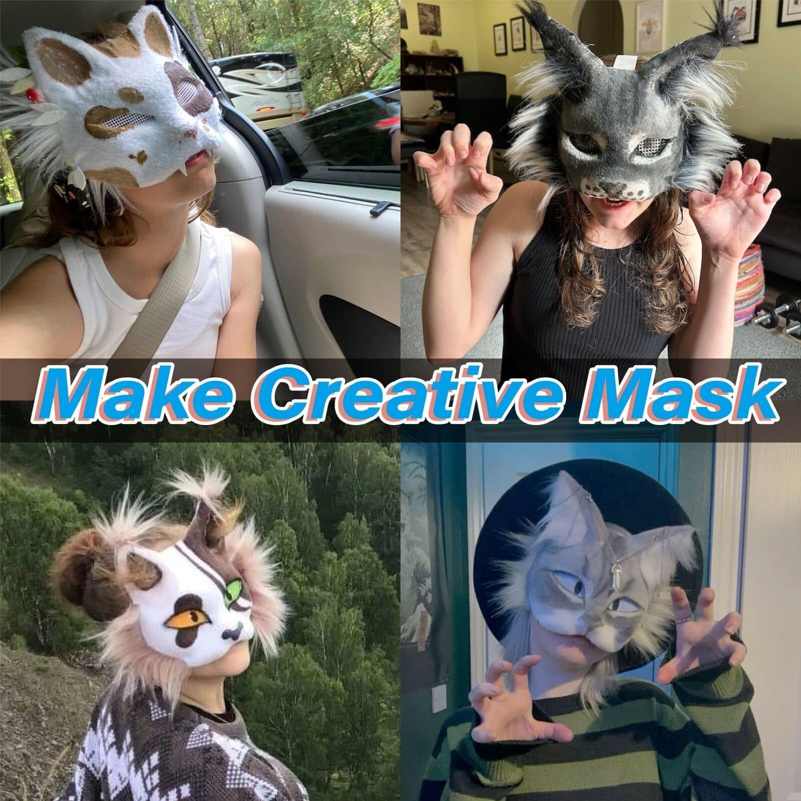 31 Pcs Therian Mask Kit Blank Cat Mask White Therian Masks Half Face Hand-painted DIY Masks for Masquerade Cosplay Party Gifts