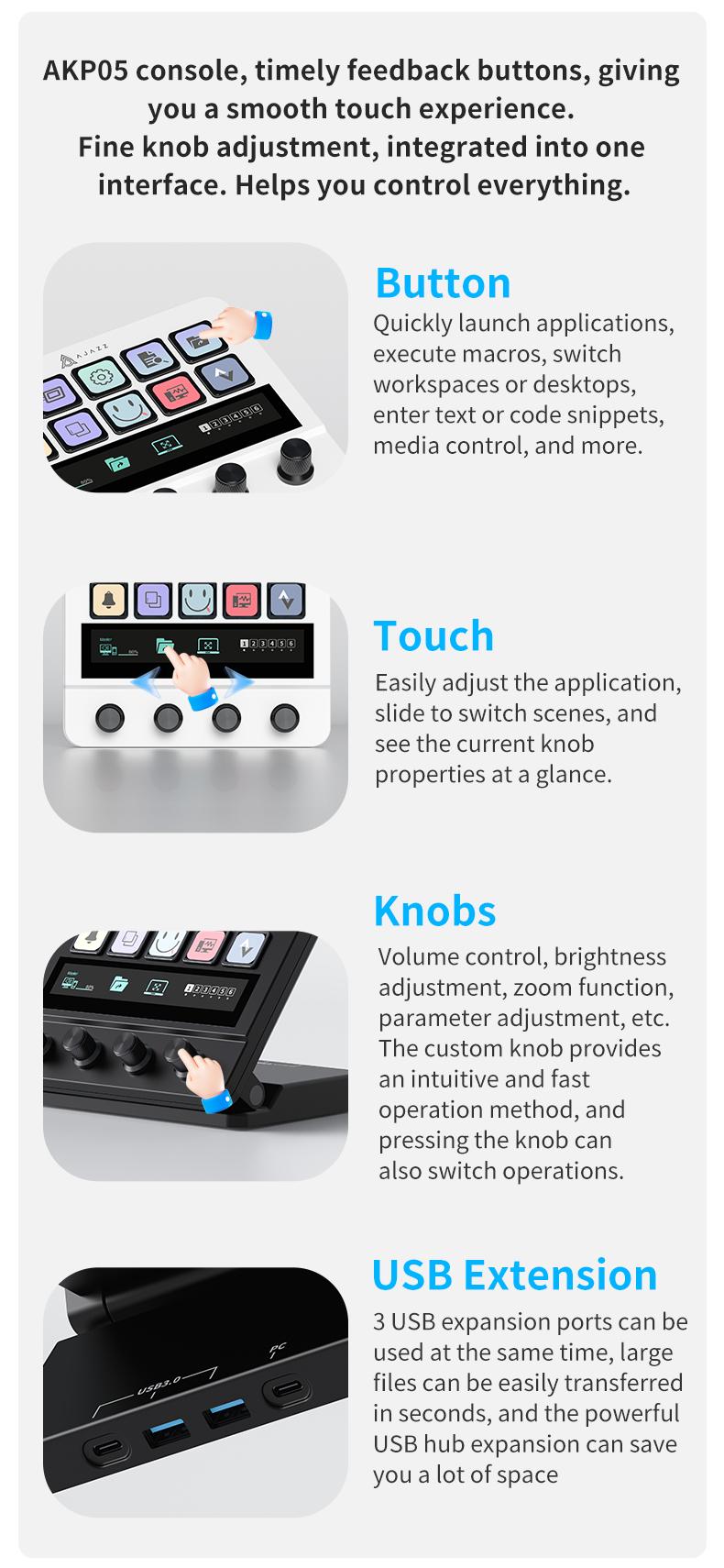 AJAZZ AKP05E Desktop Streaming Controller Programmable LCD Button Multi functional Knob Touch Screen Operation 0-60 ° Adjustable Bracket Compatible with Win/Mac Office Live Streaming Multi scene Application USB Controller