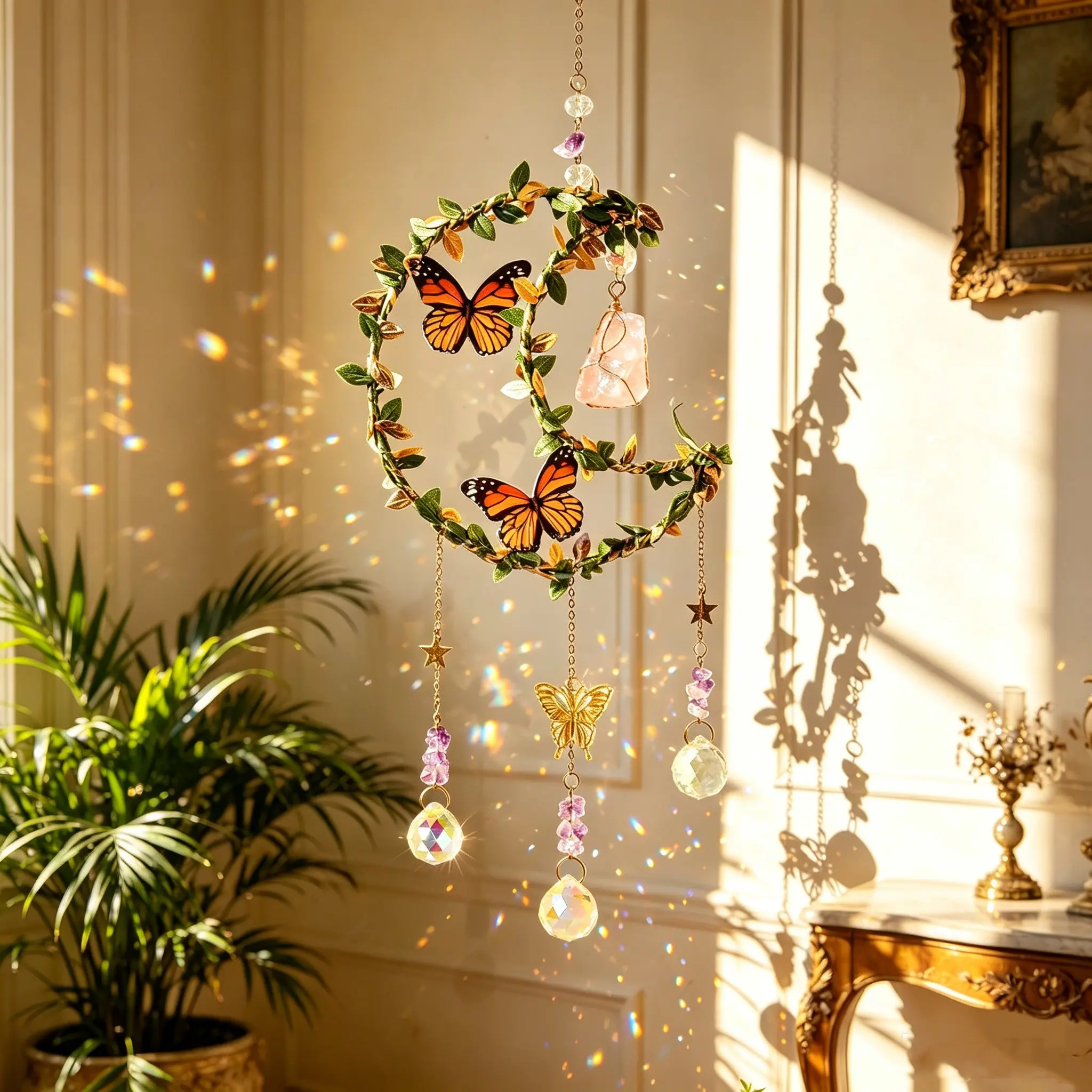 Crystal Light Catcher, Natural Plant Wrapped Moon Heart Starlight Crystal Pendant, Prism Light Capture Handmade Window Hanging Decor, Indoor Outdoor Decoration
