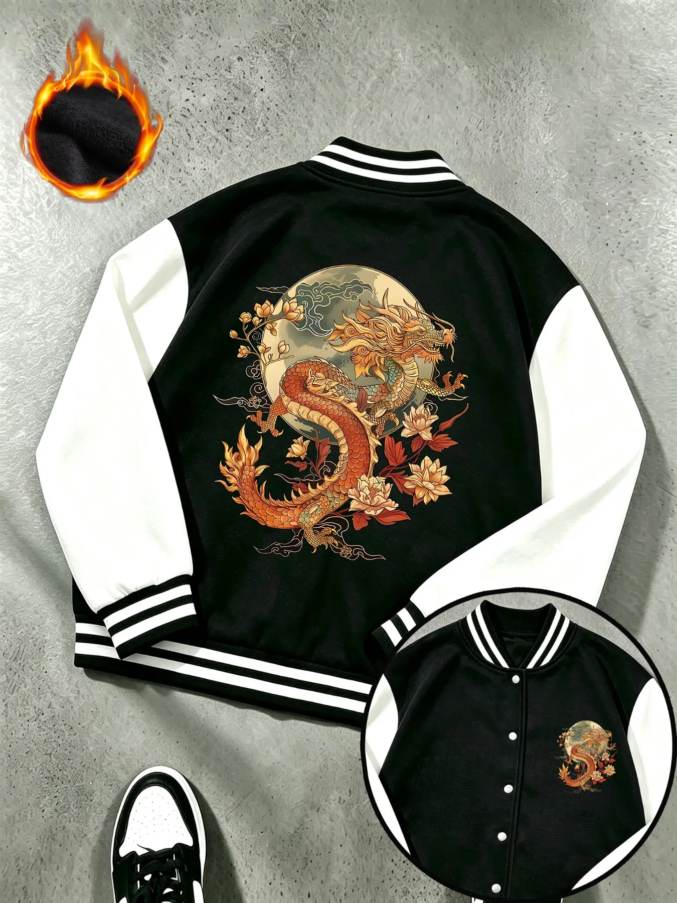 Dragon Print Retro Oversize Sport Jacket, Unisex Fleece Baseball Coat, Sports Outerwear, Fall Winter Streetwear, Daily Commute, Casual, Fitness