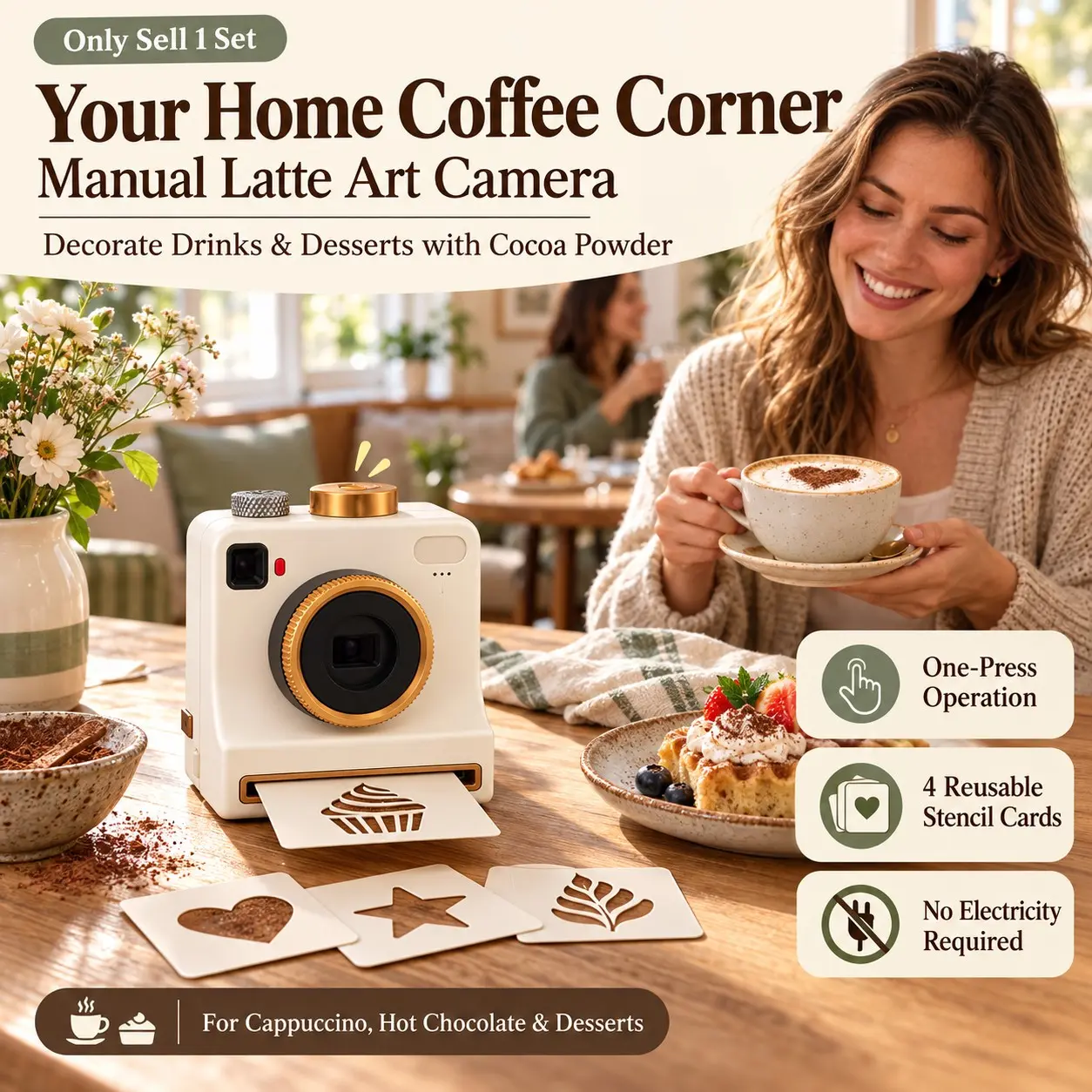 1 Set 3D Printed Coffee Latte Art Stencil Printer, Manual Latte Art Camera with 4 Reusable Stencil Cards, One-Press Cocoa Powder Decorating Tool for Cappuccino, Hot Chocolate and Desserts, Home Kitchen and Cafe, Coffee Making Tools