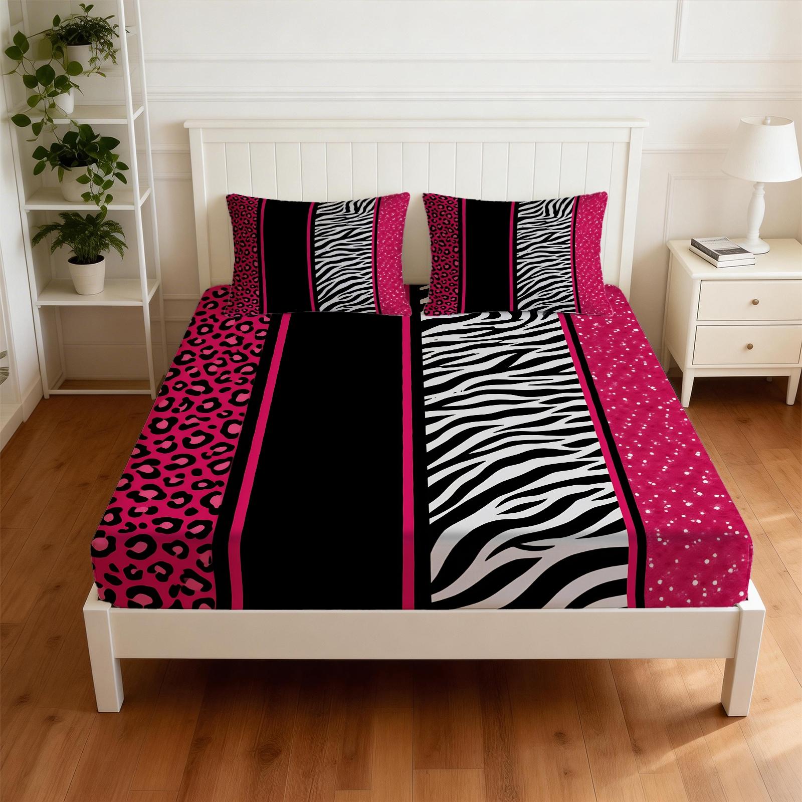 3Pcs Sweet Cool Leopard Zebra Print Fitted Sheet Set, Color Block Patchwork Print, Durable Wrinkle Resistant No Pilling, Perfect for Graduation Season Rental Room Personalized Bedroom Arrangement