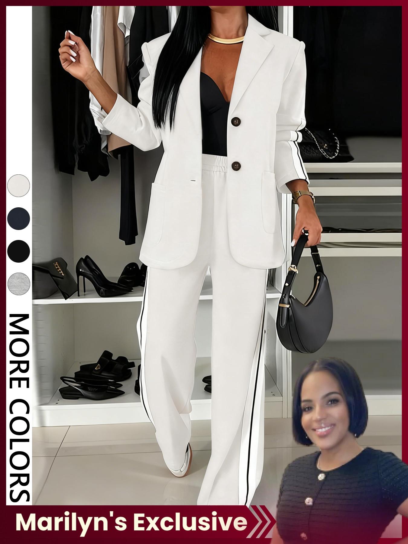 【Marilyn's Exclusive】Valentine's Day Women's Striped Print Blazer Jacket & Wide Leg Pants Set, Casual Fitted Suit for All Seasons, Stylish Ladies' Clothing Ensemble