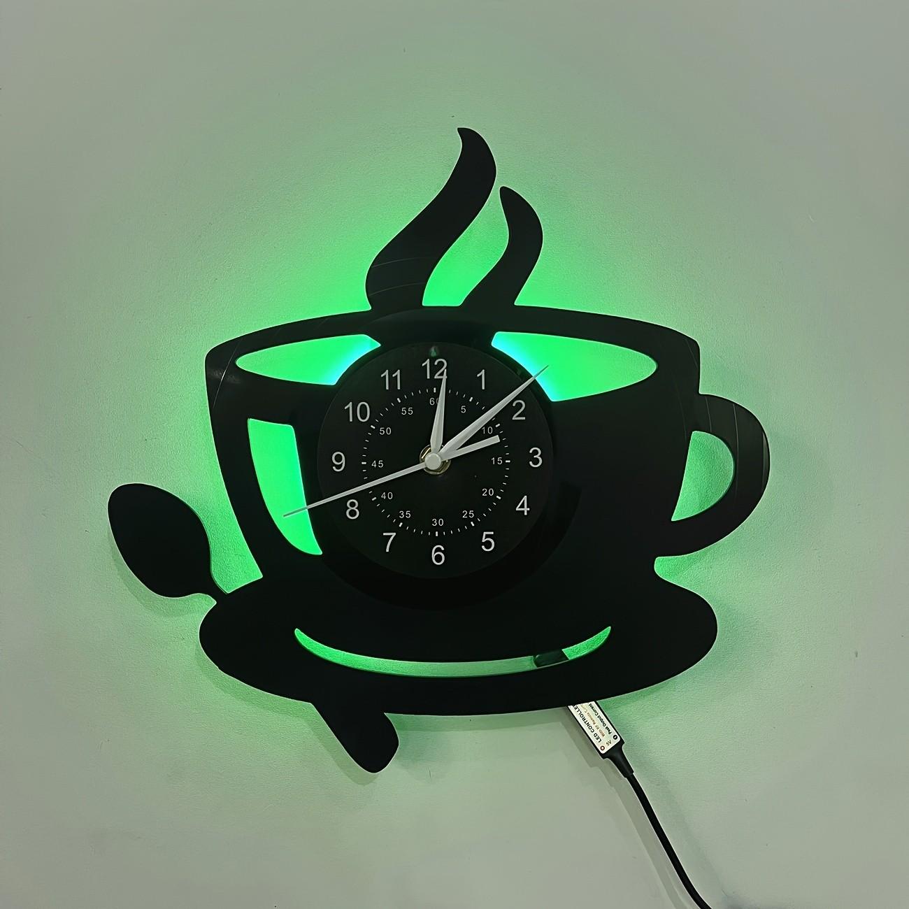 Kitchen Theme Vinyl Record Wall Clock, 7 Color LED Coffee Cup Clock, Living Room Bedroom Decor, Home Office Bar Cafe Decoration, Creative Decorative Clock