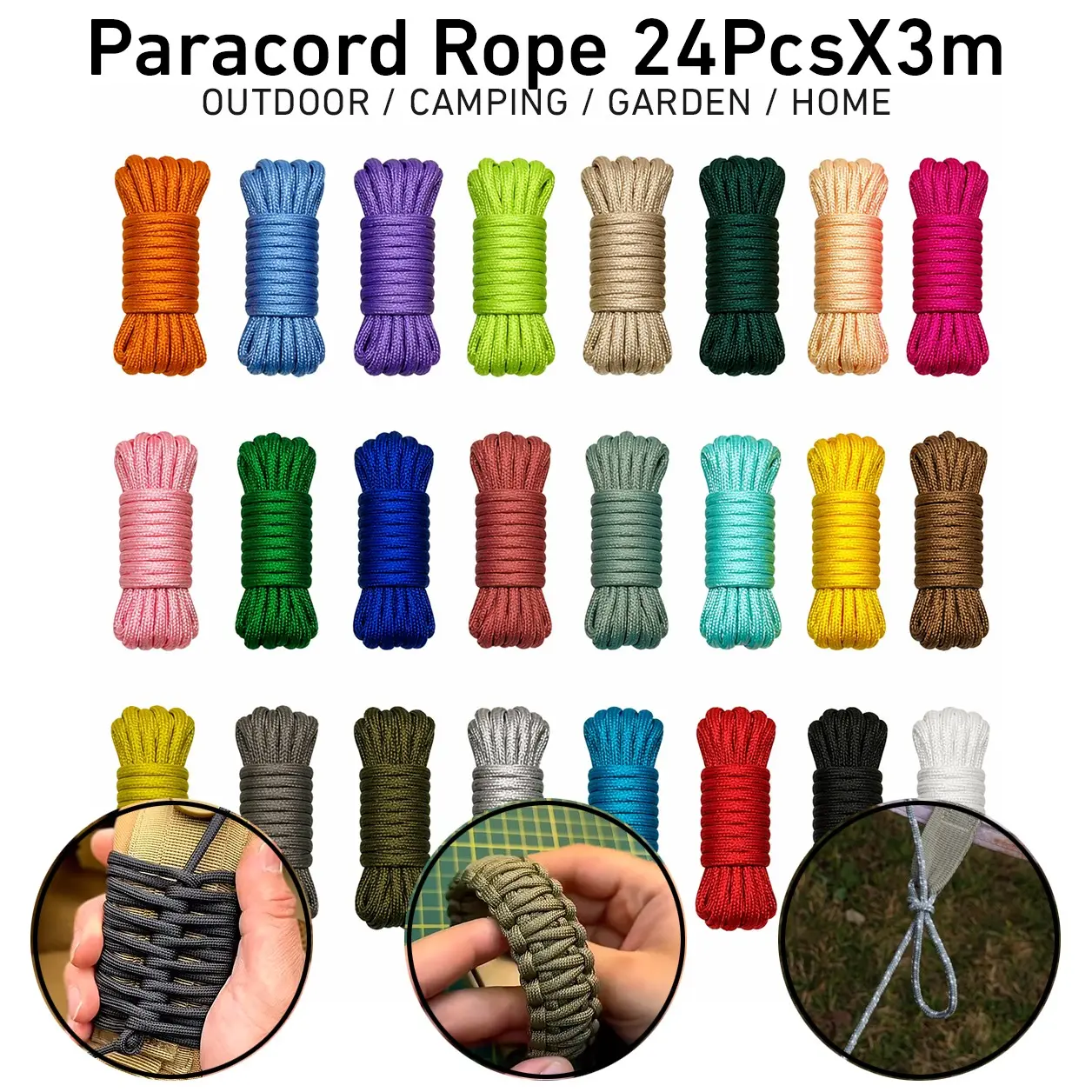 Paracord Rope Set, Polyester Rope, 24 Solid Colors 24 × 3M, 6-Strand Core, 265 LB Tensile Strength, Multipurpose DIY Craft Cord for Knot Tying, Bracelets, Keychains, Phone Lanyards, Knife Handle Wraps, Backpack Accessories, EDC Gear, Garden Support