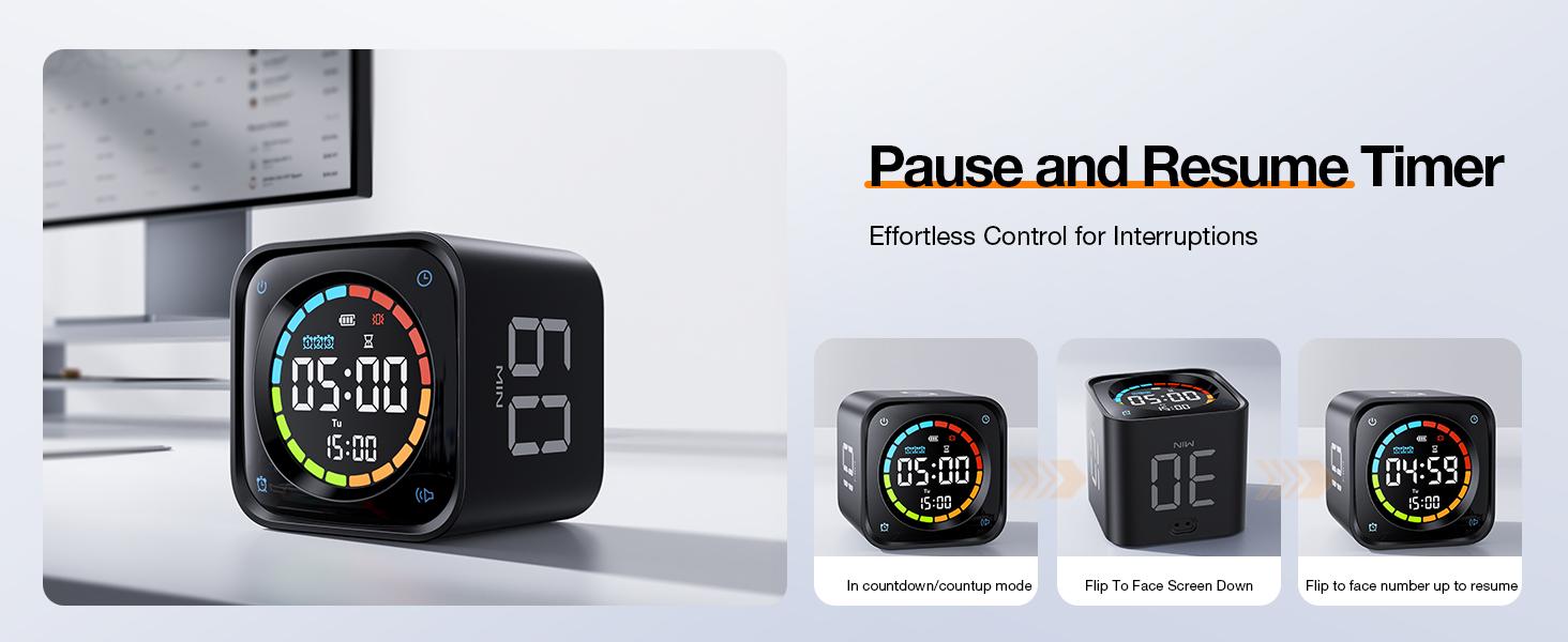 TK3 Pomodoro Timer Cube, Desk Productivity Timer with 5/10/30/60 Min Presets, Custom Countdown, Stopwatch, Clock, 3 Alarm, Silent, Vibrate & Sound Alert, for Task, ADHD, Study, Kitchen, Black