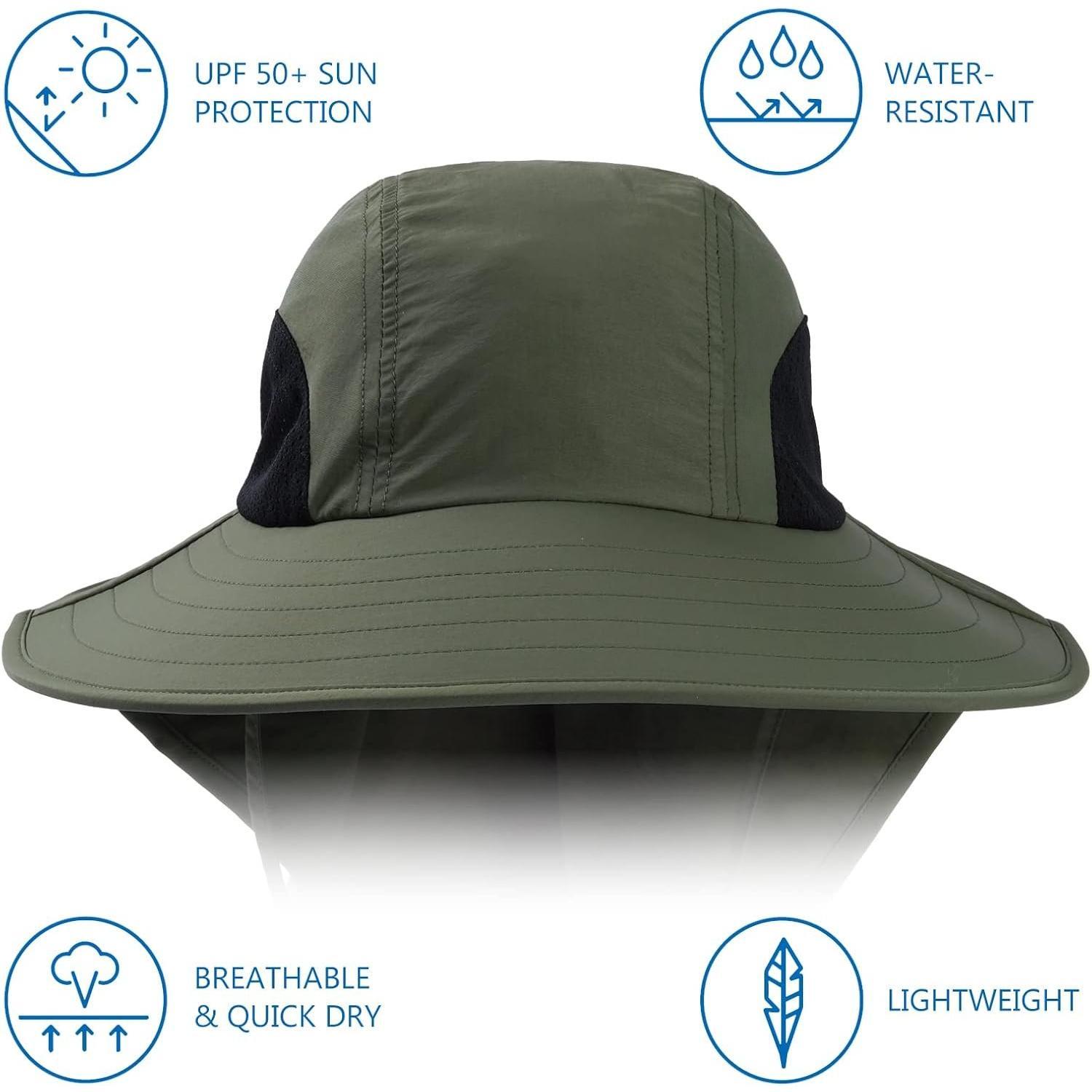 UPF 50+ Unisex Water Resistant Wide Brim Sun Hat with Large  Flap Ponytail Fishing Hat for Men Women