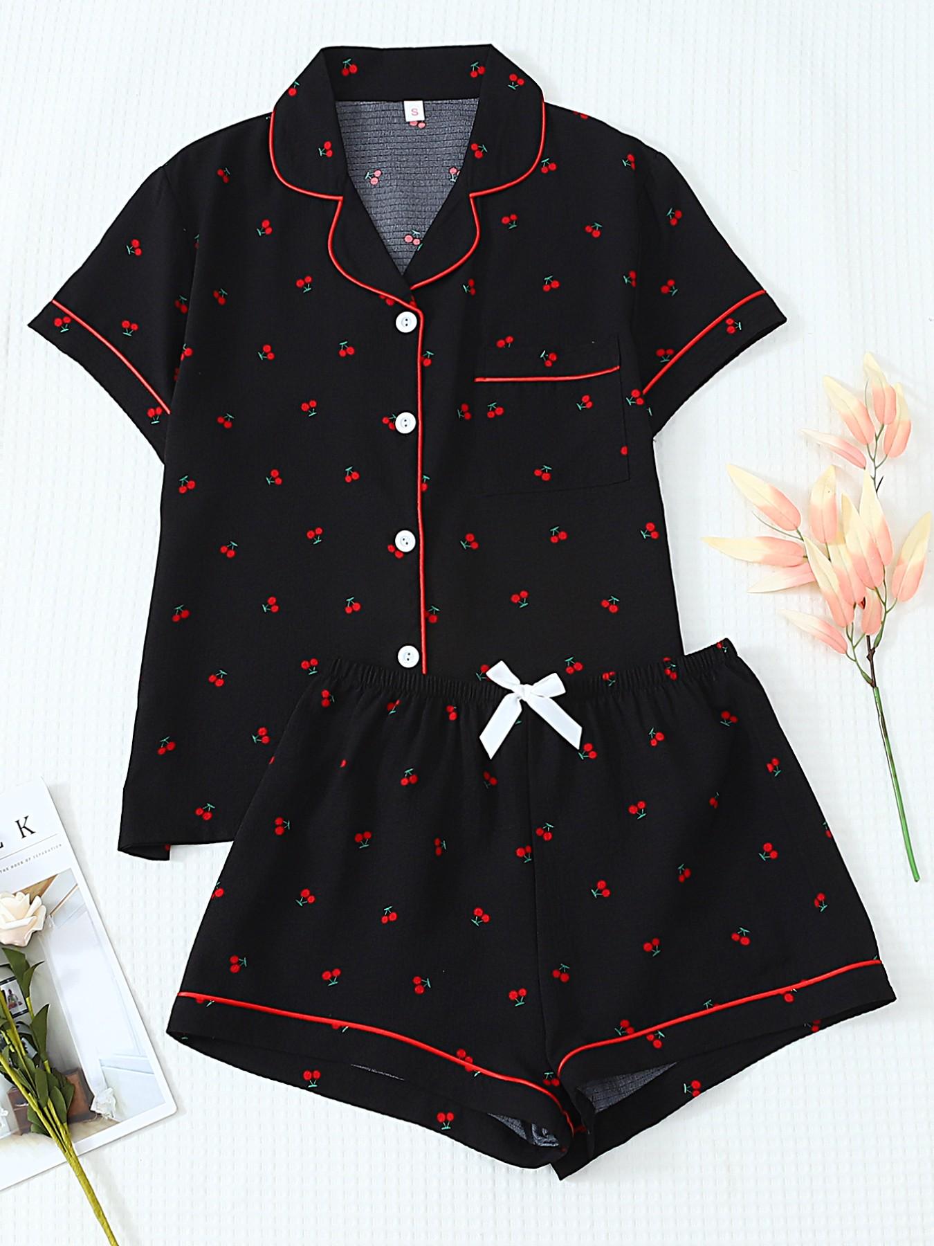 Women's Short Sleeve Button Down Top and Shorts Pajama Set, Spring Summer Wear, For French Lazy Style Girls, Black Base Red Cherry Print, Classic Lapel Collar, Loose Fit, Comfortable For Home & Short Trips
