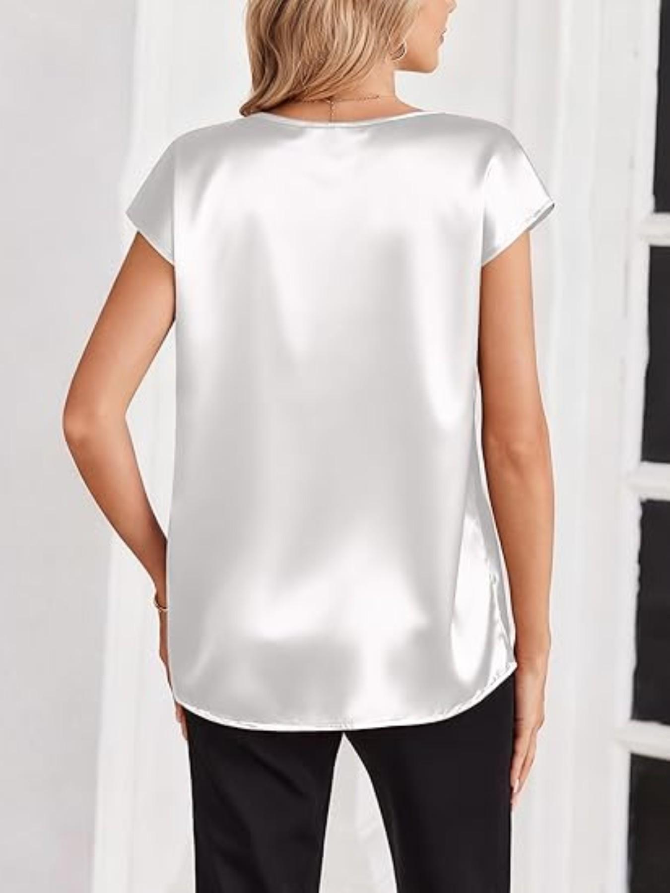 2026 Women Silk Satin Smooth Tops Cap Short Sleeve Blouse V Neck Shirts Business Casual Loose Elegance Outfits hot