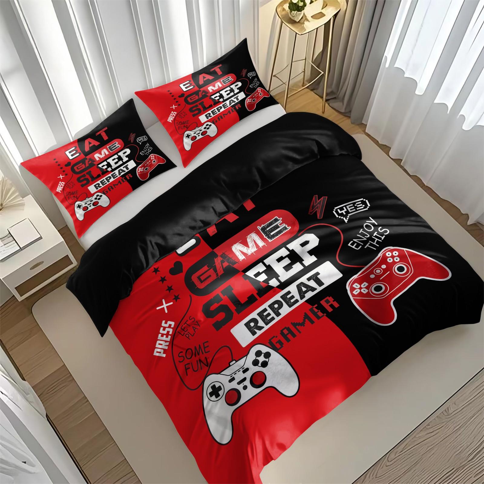 3-Piece Game Controller Print Bedding Set, Soft Breathable Fabric, All-Season Use, Includes 1 Fitted Sheet + 2 Pillowcases
