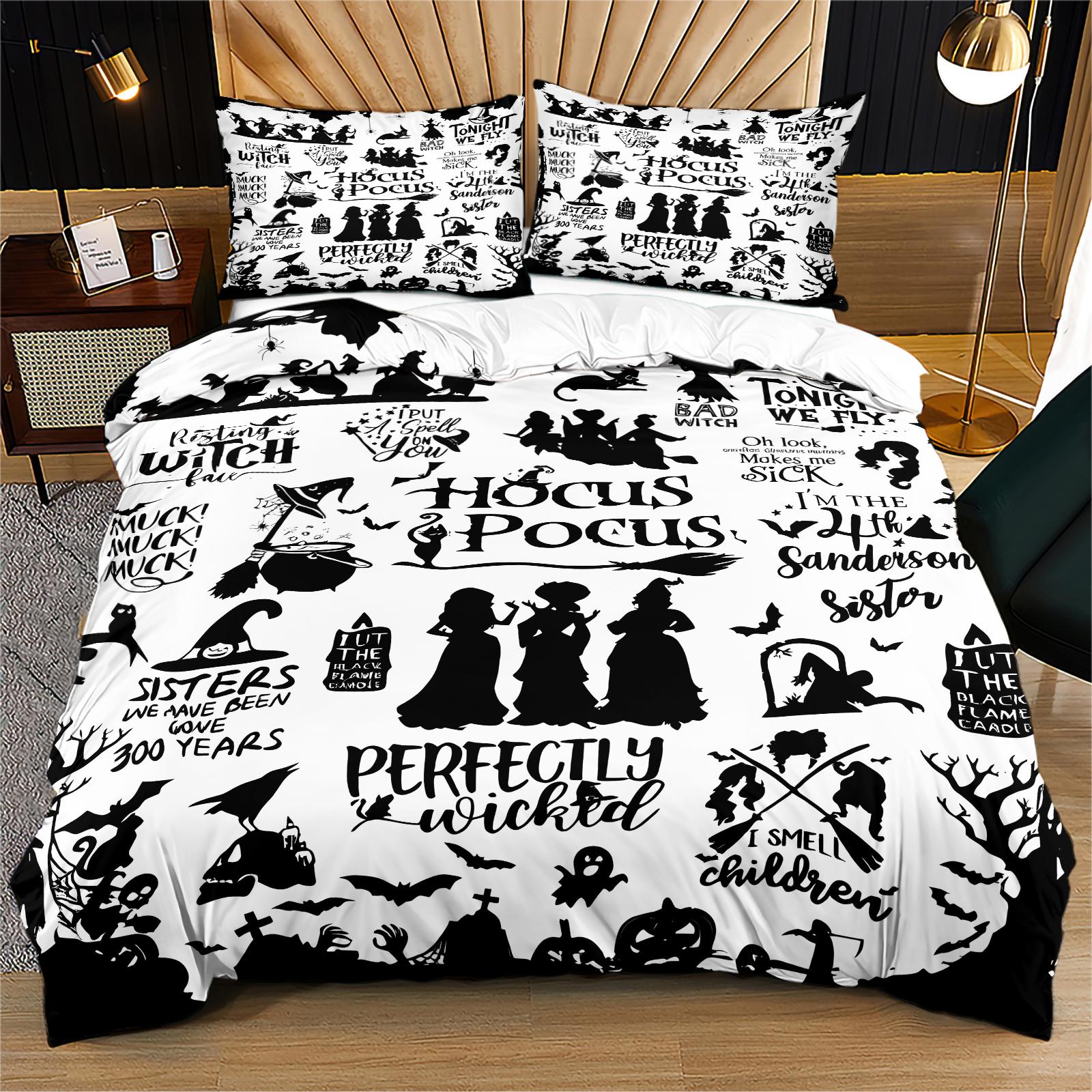 Soft Durable Hocus Pocus Bedding Set, Includes 1 Fitted Sheet and 1 or 2 Pillowcases, No Cotton Inner Core, Ideal for Daily Use, Holidays, Birthdays